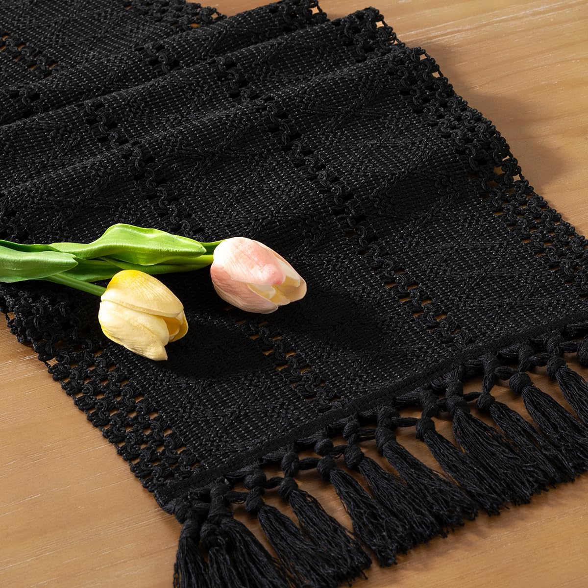 Boho Table Runner Summer Farmhouse Rustic Dining Dresser Scarf Home Decor | Tassel Kitchen Centerpiece Small Macrame Woven Cotton Linen Coffee Table Runner Holiday Party Decorations 12x36in Black
