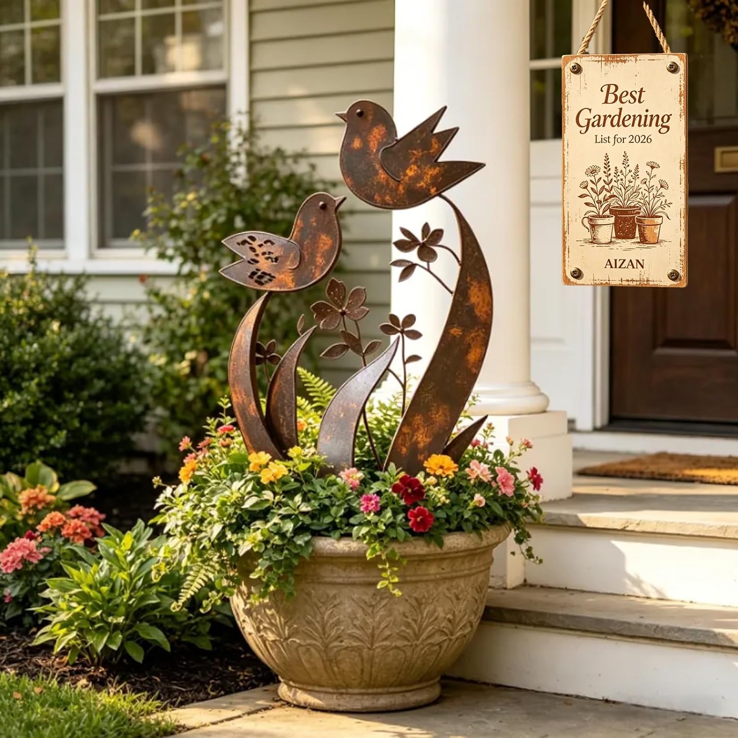 Bird & Wildflower Metal Garden Stake, Decorative Plant Stakes with Floral Design Handmade Flower Shaped Sculpture, Rustic Garden Art Decor Gift for for Flower Bed Planters Patio & Lawn Lovers(1PC)