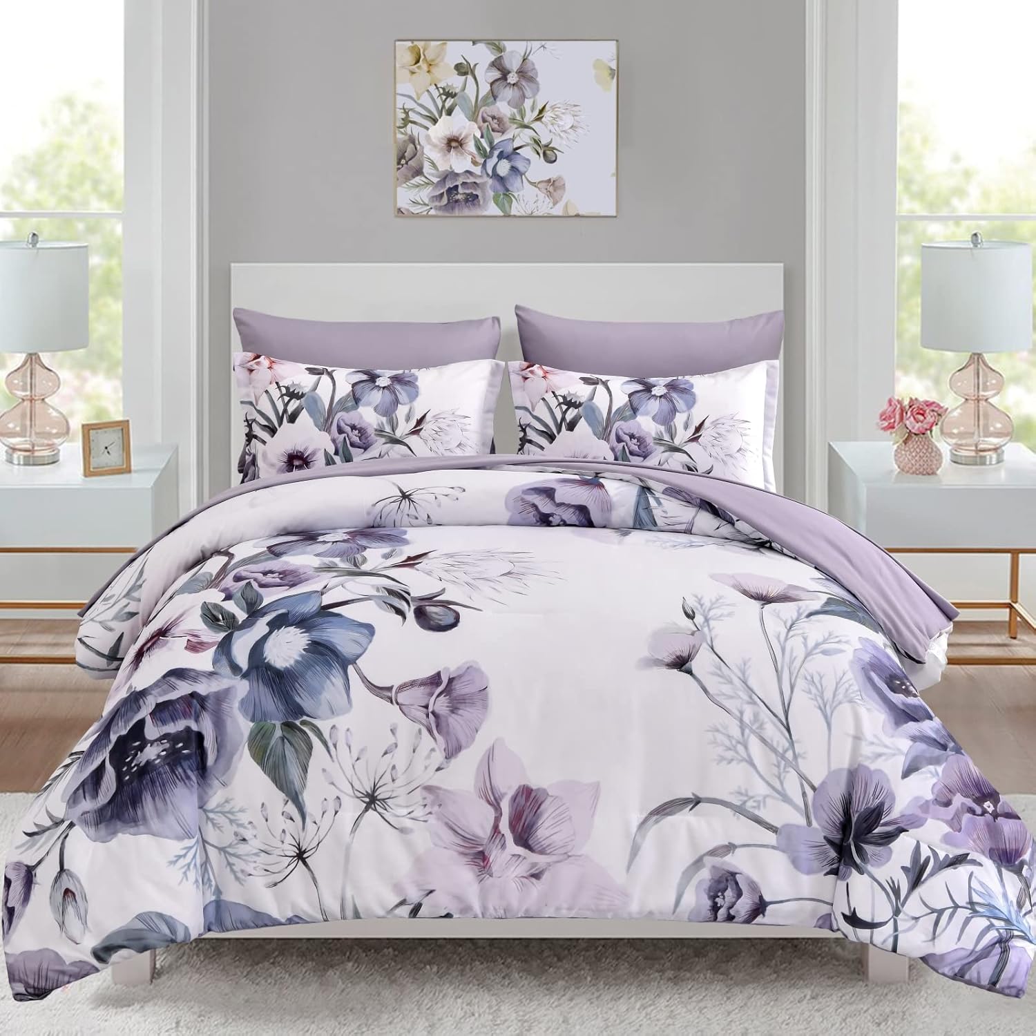 Luxudecor Floral Comforter Set Queen Size 7 Piece, Purple Flower Bed in a Bag, Elegant Floral Comforter with Sheet Set, Soft Microfiber Bedding Set for All Season (Purple, 90″x90″)