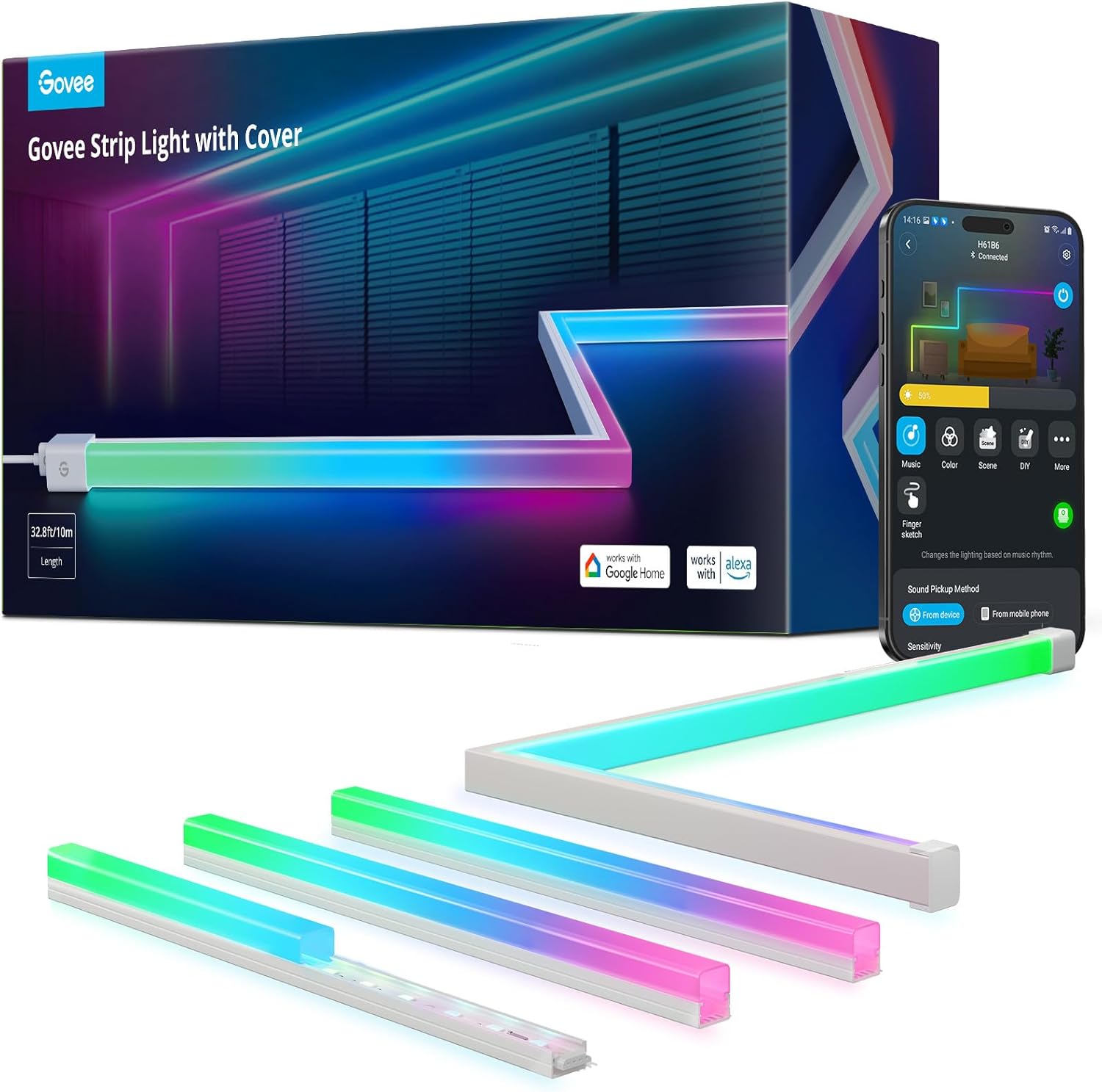 Govee RGBIC LED Strip Lights 32.8ft with Covers,Smart Control, APP, WiFi | Work with Alexa, Google Assistant, Matter, Smarthings, Diffuser Channel with LED Lights for Bedroom, Skirting Lines, Cabinet