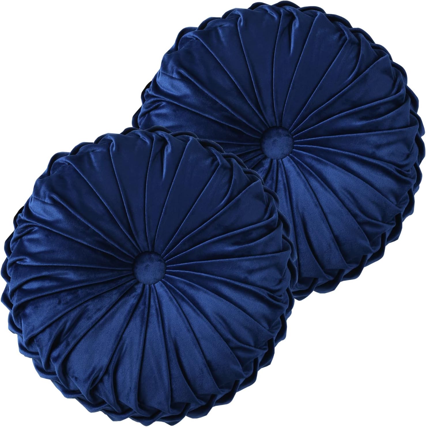 HIG Set of 2 Navy Velvet Decorative Round Pleated Throw Pillows | Vintage Floor Pillows, Classy Accent Pumpkin with Center Button, for Sofa Couch Vanity Chair Bed, 14.5″ Diameter
