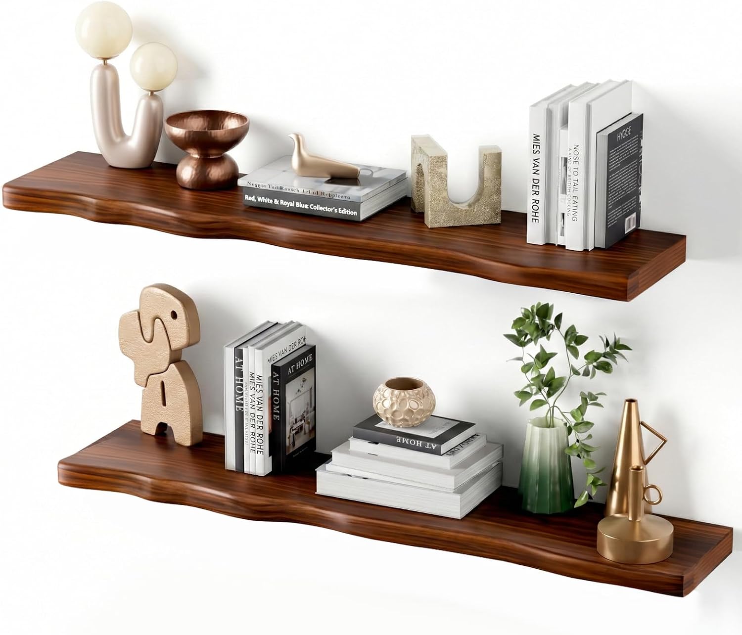 Solid Wood Live Edge Floating Shelves Set of 2 – 36″ Rustic Wall Shelf with Hidden Bracket System, Wall Mounted Shelves for Bathroom, Kitchen, Living Room, Bedroom (Walnut)
