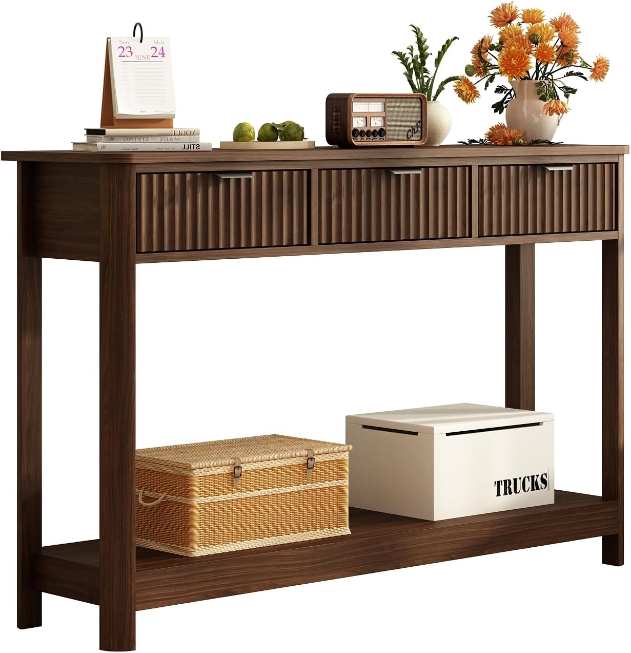 RUSTOWN Fluted Wood Console Table with 3 Drawers, 47.2″ Boho Entryway Table | Narrow Behind Couch Sofa Table, Open Storage Shelf, Curved legs, 2 Tier Modern Farmhouse Hallway Table for Living Room, Foyer