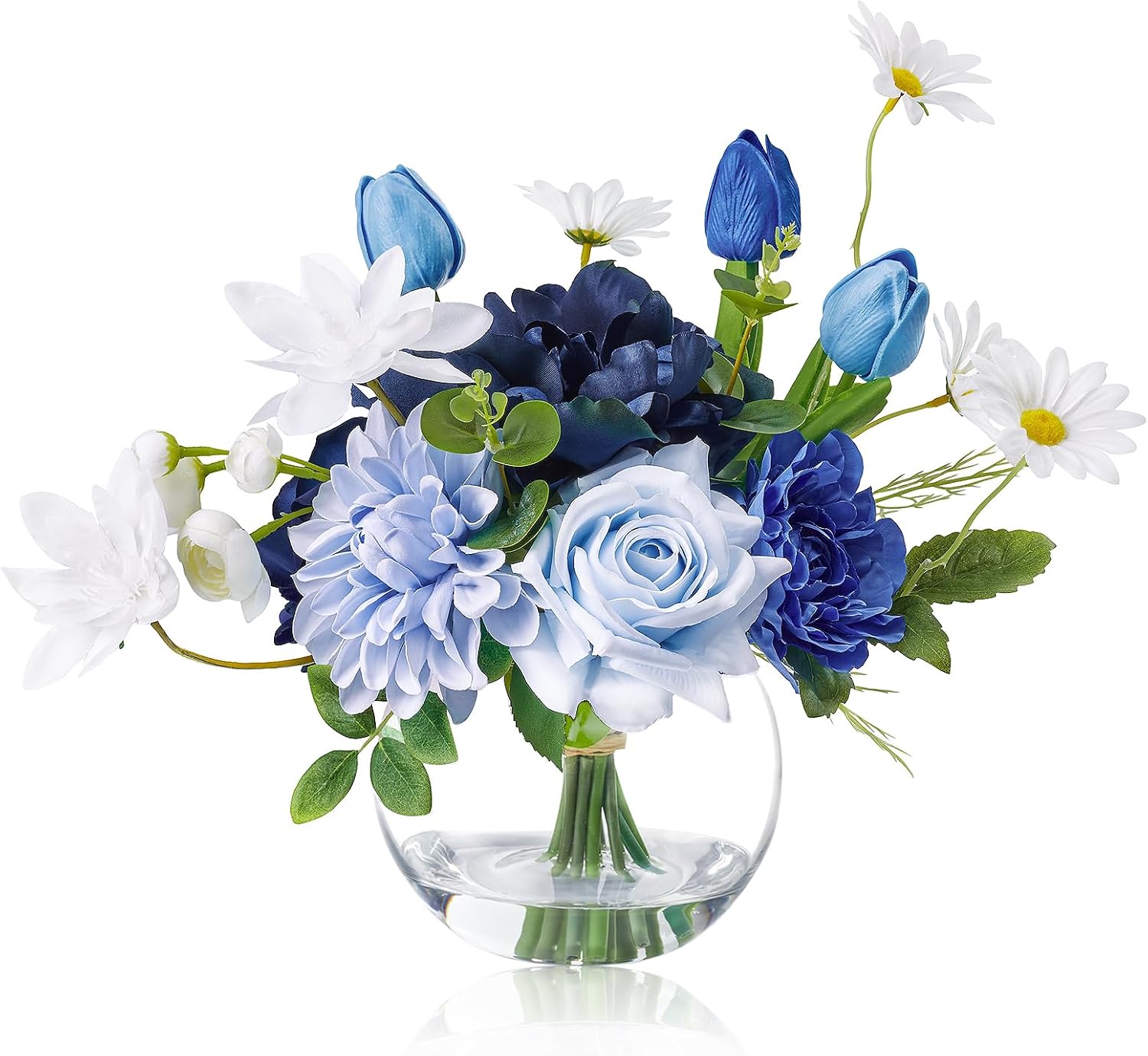 WELL KNOWN Artificial Flowers with Vase, Faux Silk Rose Tulip Flower Arrangements in Glass Vase with Fake Water for Home House Warming Party Wedding Birthday Dining Table Decor & Gift (Mixed Blue)