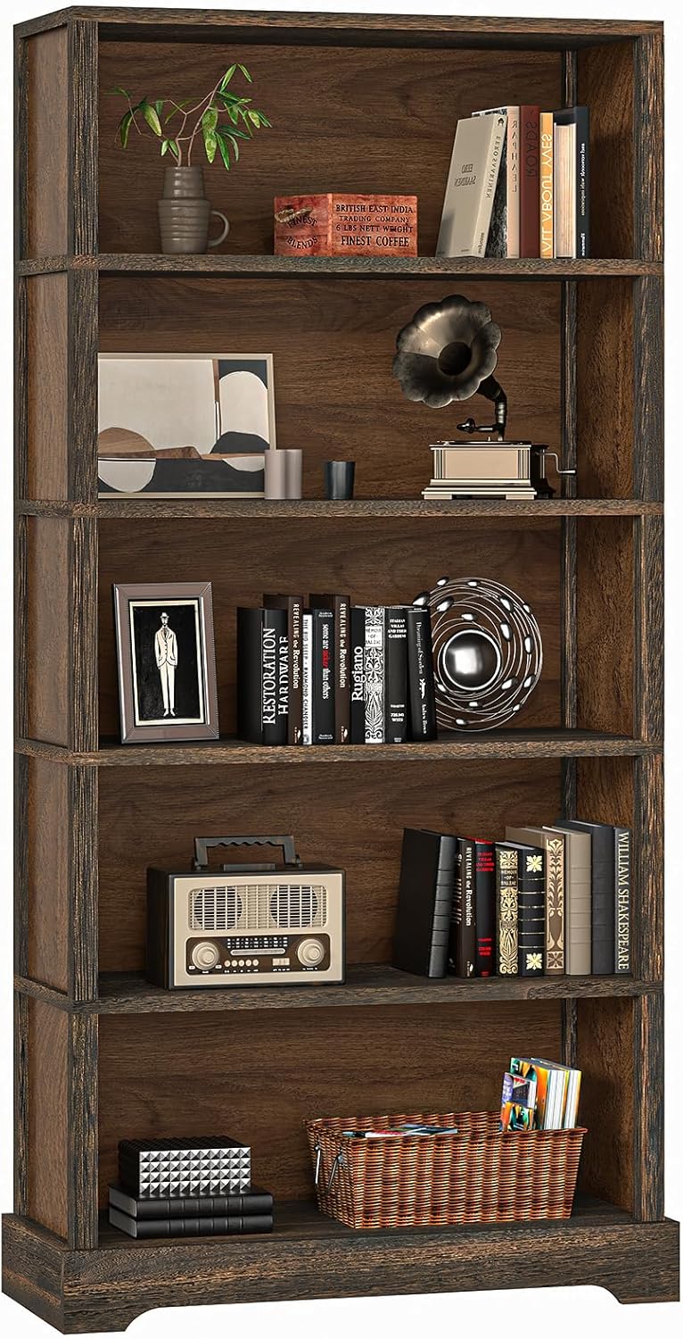 TVU 5-Tier Solid Wood Book Shelf, Floor Standing Bookcase, 65″ H × 31.5″ W × 11.8″ D Bookshelf, Farmhouse Style Book Case with Arched Base, Suitable for Living Room, Study, Office, Walnut