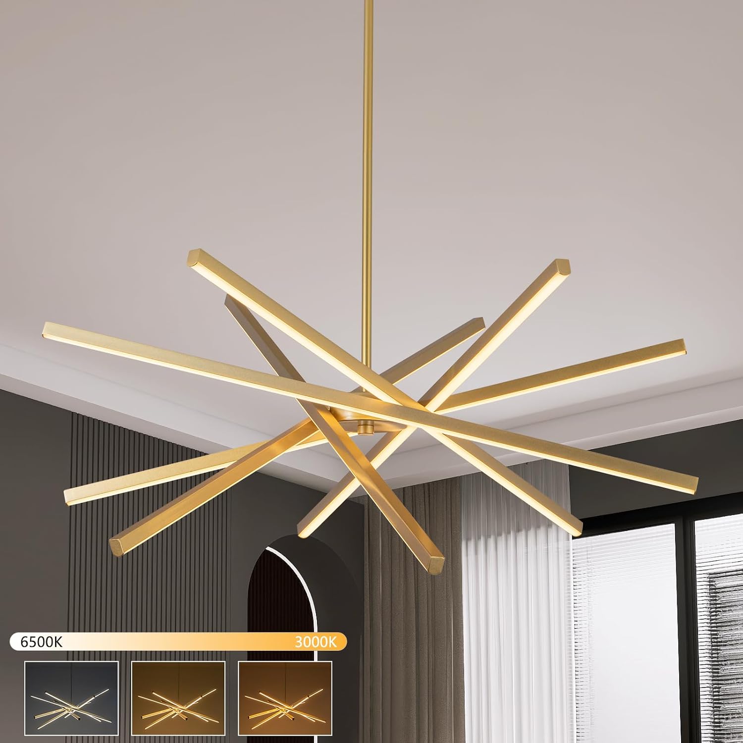 Modern Gold Chandelier Light Fixtures – LED 6-Lights Dining Room Linear Chandeliers Pendant Lights Fixture Over Table 3000K 4500K 6000K 3-Color Dimmable for Kitchen Island Living Room