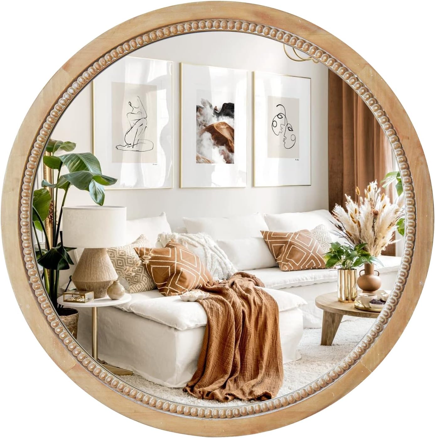 sawsile Round Wood Mirror,24 inch Circle Rustic Farmhouse Natural Wooden Frame Boho Beads Wall Mirror for Bathroom,Living Room,Bedroom or Entryway