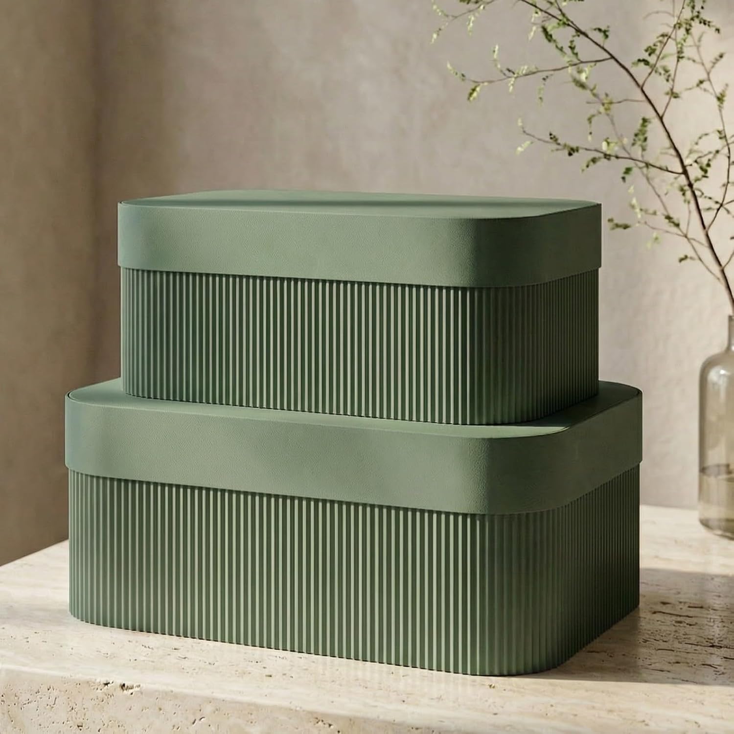 ZICOTO Decorative Storage Boxes with Lids – Set of 2 Beautiful Fluted Photo Organizer Bins for Your Home Bookshelf Decor to Safely Store Your Documents, Memory Box Items and Other Keepsakes in Style
