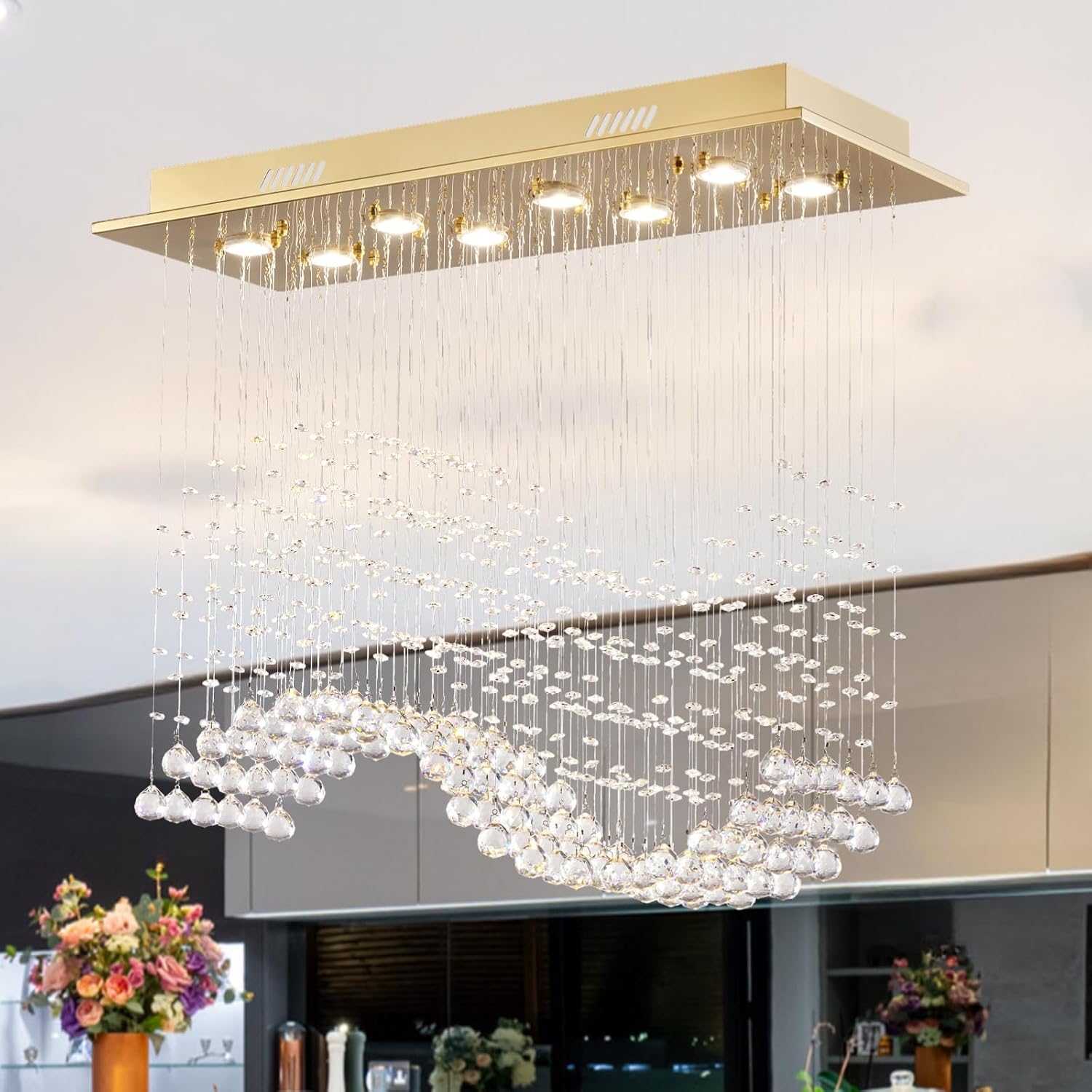 Siljoy Rectangular Gold Crystal Chandelier for Dining Room, 8-Light Modern Wave Raindrop Crystal Chandelier for Living Room Kitchen Island L31.5” x W11.8” x H32.2”