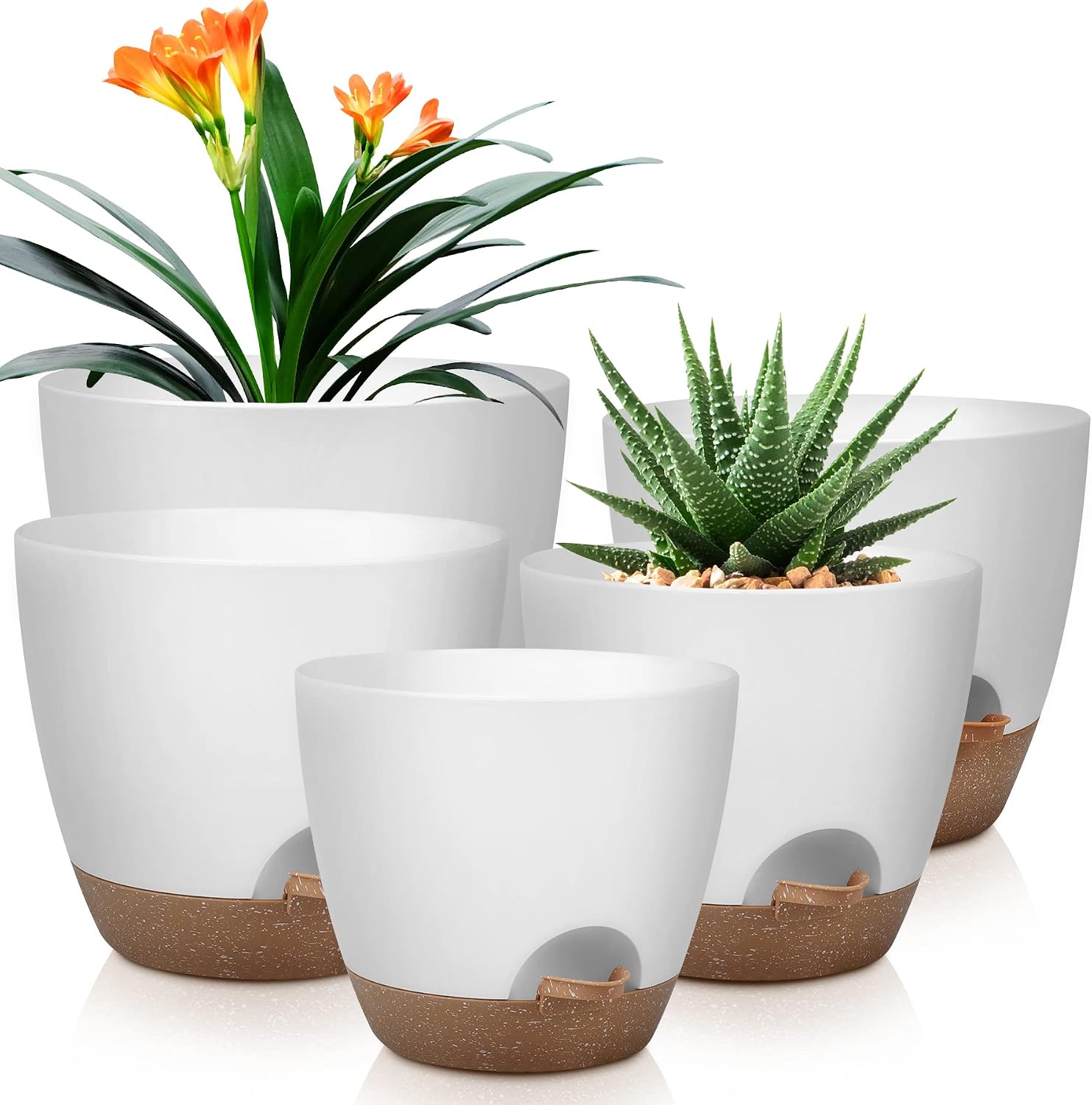 QRRICA Plant Pots 10/9/8/7.5/7 Inch Self Watering Pots, Set of 5 Plastic Planters with Drainage Holes and Saucers,Plastic Flower Pots,Nursery Planting Pot for Indoor Out Door Plants（White）