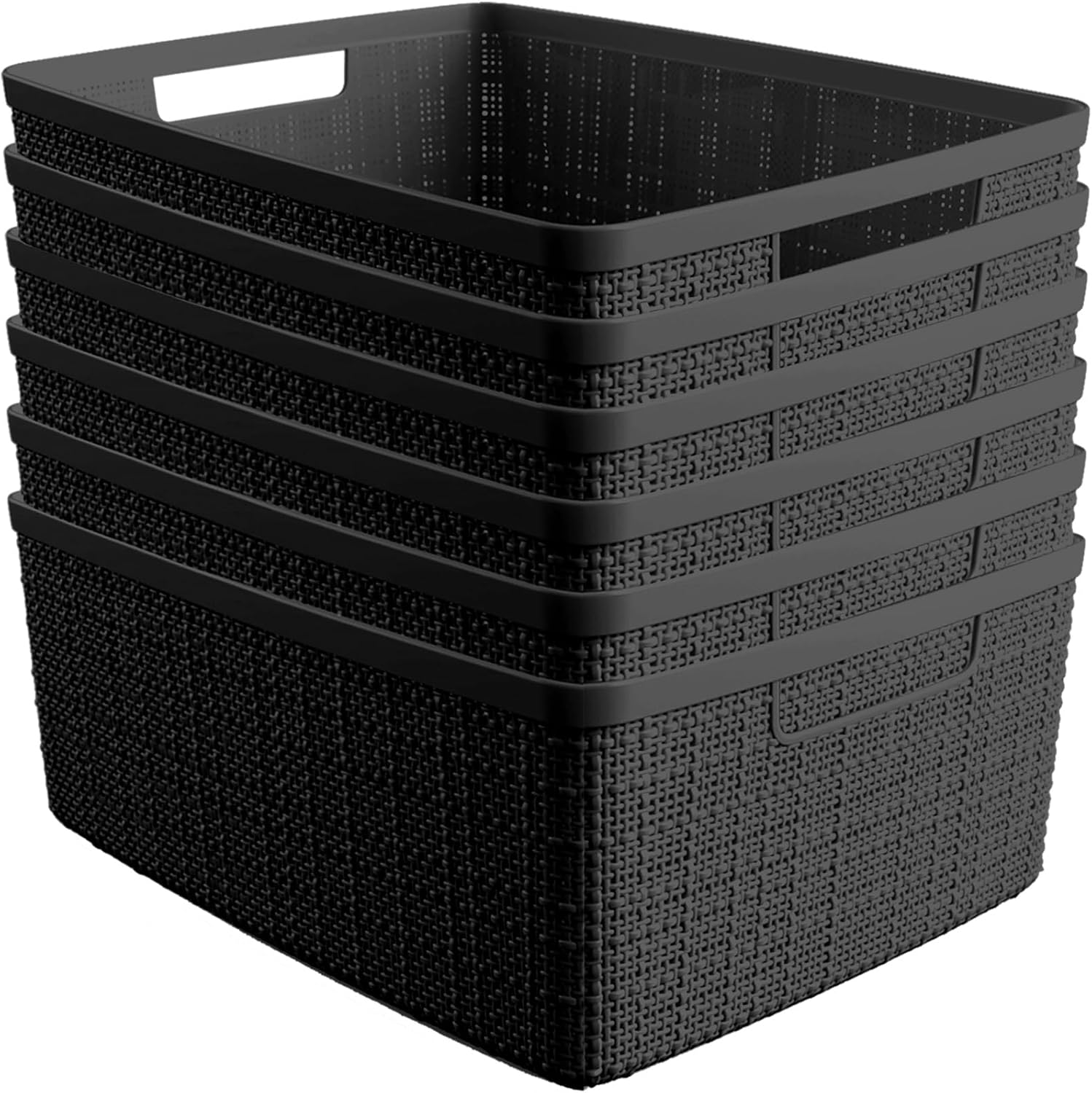Curver Set of 6 Medium 12L Jute Decorative Plastic Organization and Storage Baskets – Perfect Bins for Home Office, Closet Shelves, Kitchen Pantry and All Bedroom Essentials, Black