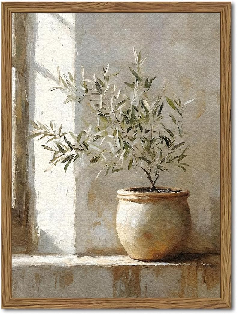Framed Vintage Olive Tree Wall Art, Textured Sandstone Botanical Pictures Wall Decor, Rustic Neutral Potted Plant Paintings Prints Aesthetic Farmhouse Home Decor for Living Room Bedroom 12×16 inch