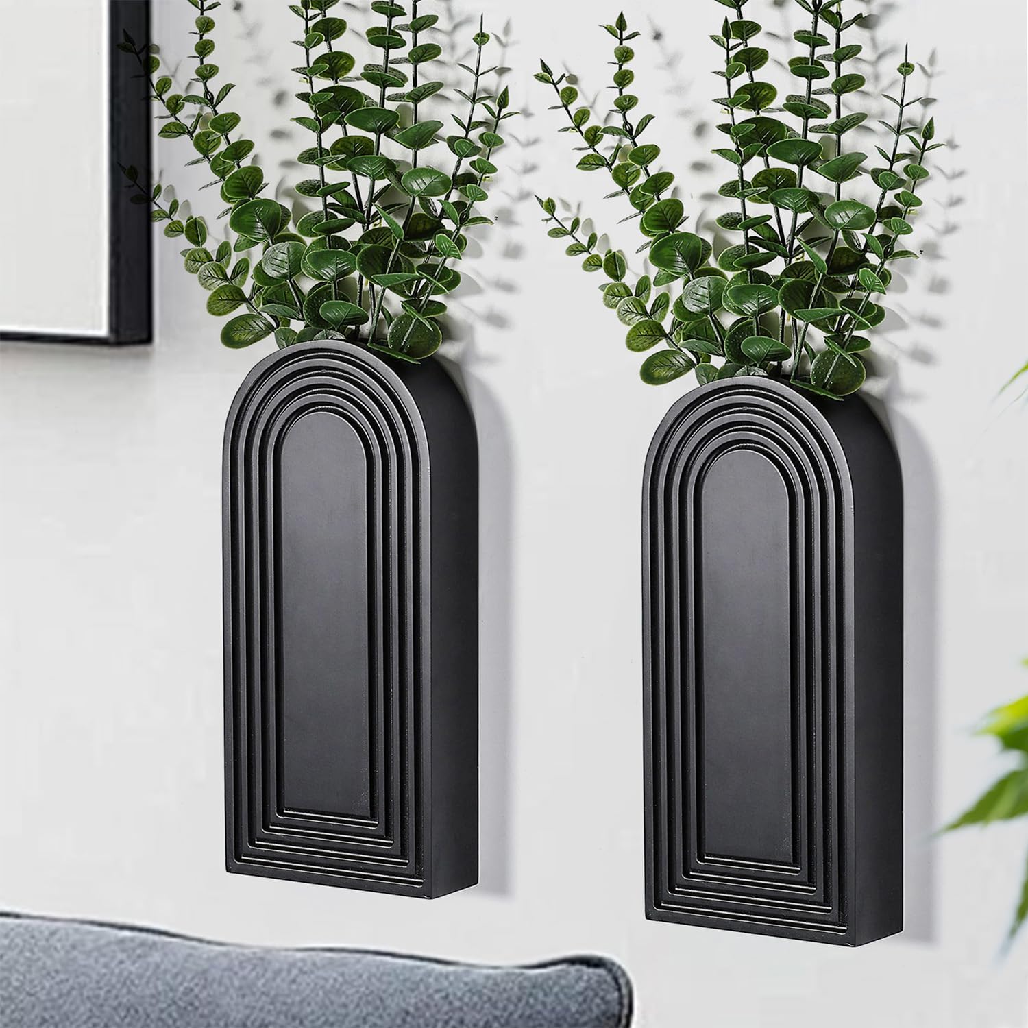 Dnnnii 2 Pack Wooden Wall Vase Set – Black Finish Modern Farmhouse & Boho Wall Decor for Entryway, Hallway, Bathroom, Living Room, Dining Room, Narrow Spaces