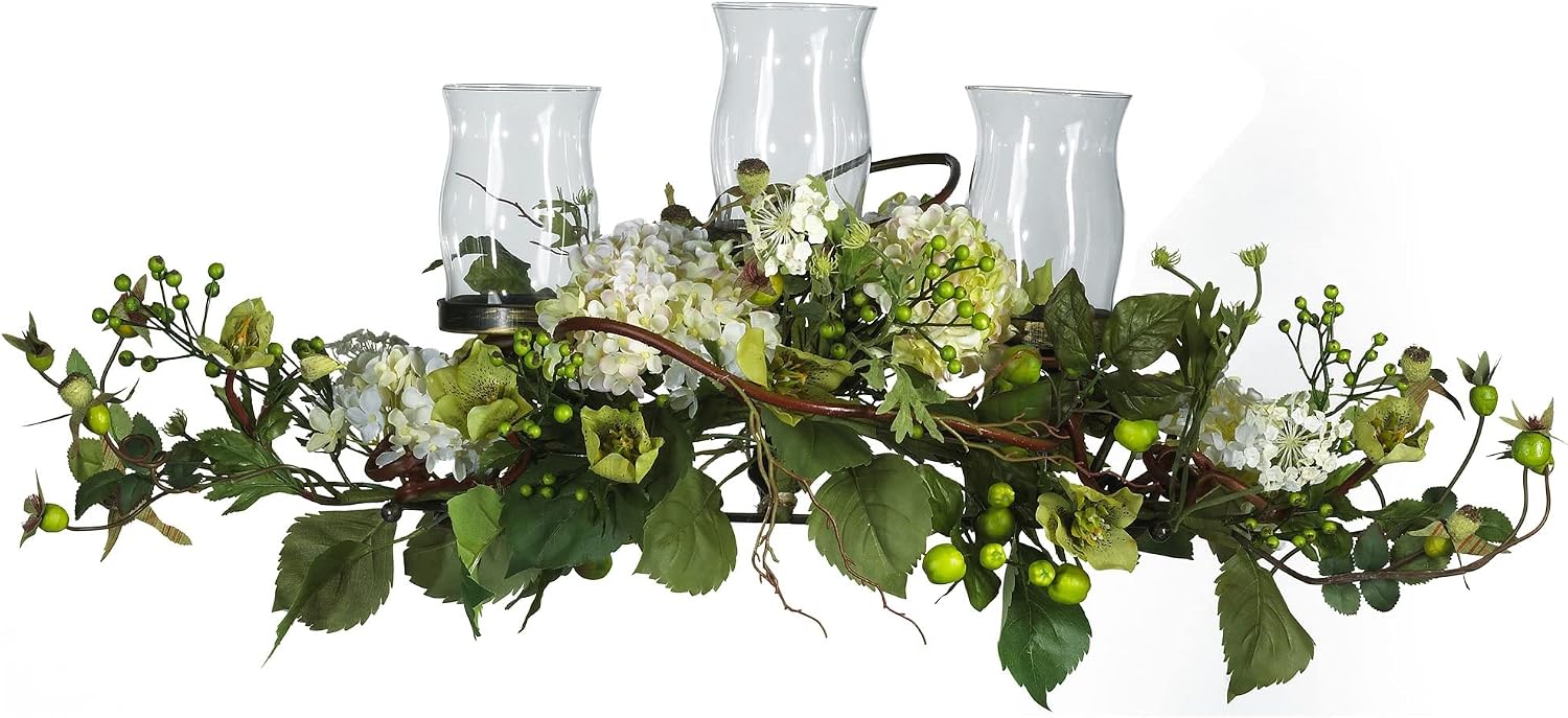 Nearly Natural 4634-CR Hydrangea Triple Candleabrum Centerpiece, Cream 29″ x 10.25″ x 10.25″ | Faux Greenery, White Floral Arrangement, Triple Glass Candle Holder, Ideal for Dining Tables and Mantels