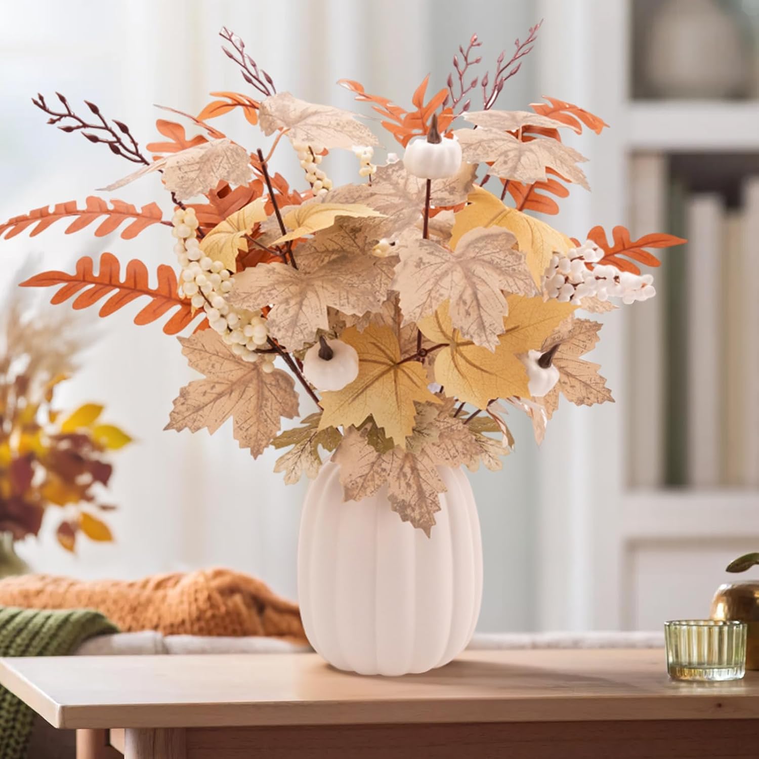 Fall Decor – Ceramic Pumpkin Vase with 15 PCS Autumn Maple Leaf Pumpkin Berry Stems – Table Centerpieces Thanksgiving Farmhouse Neutral Harvest Decorations for Home Indoor Dining Room Kitchen