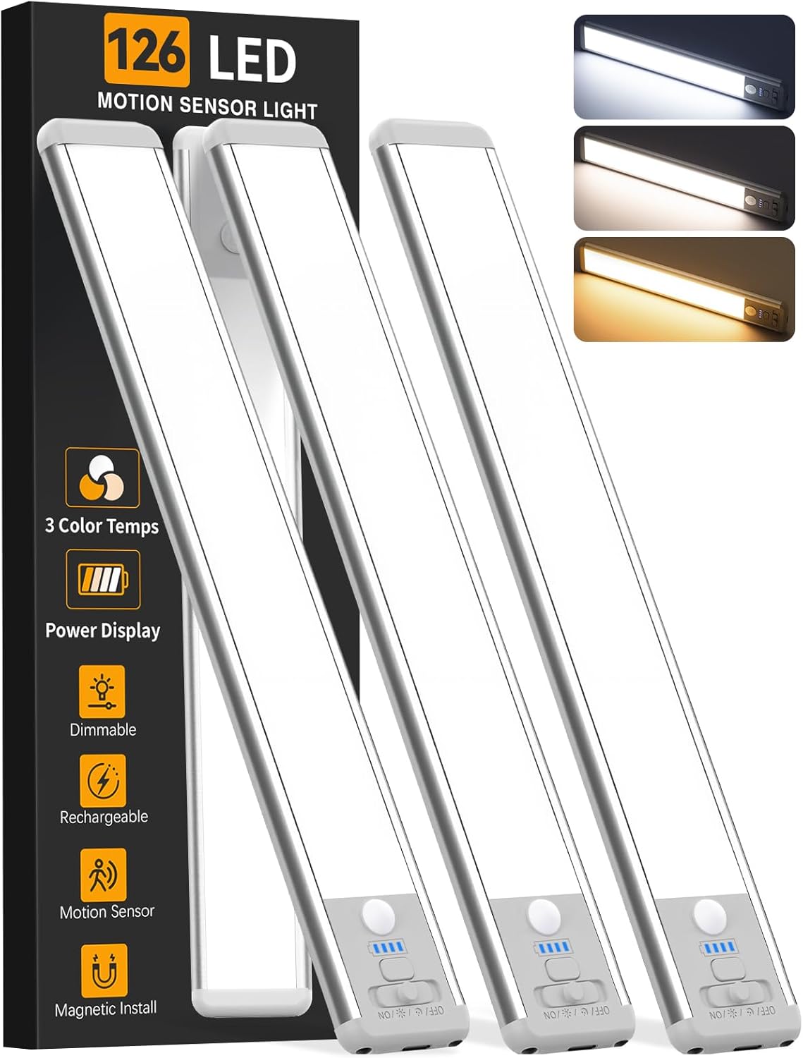 Under Cabinet Lighting Wireless, 15inch Motion Sensor Light Indoor, 3Pack | Rechargeable, 3 Color Temps, Dimmable, Power Display, LED Closet Light Magnetic, Under Counter Lights for Kitchen Shelf Home
