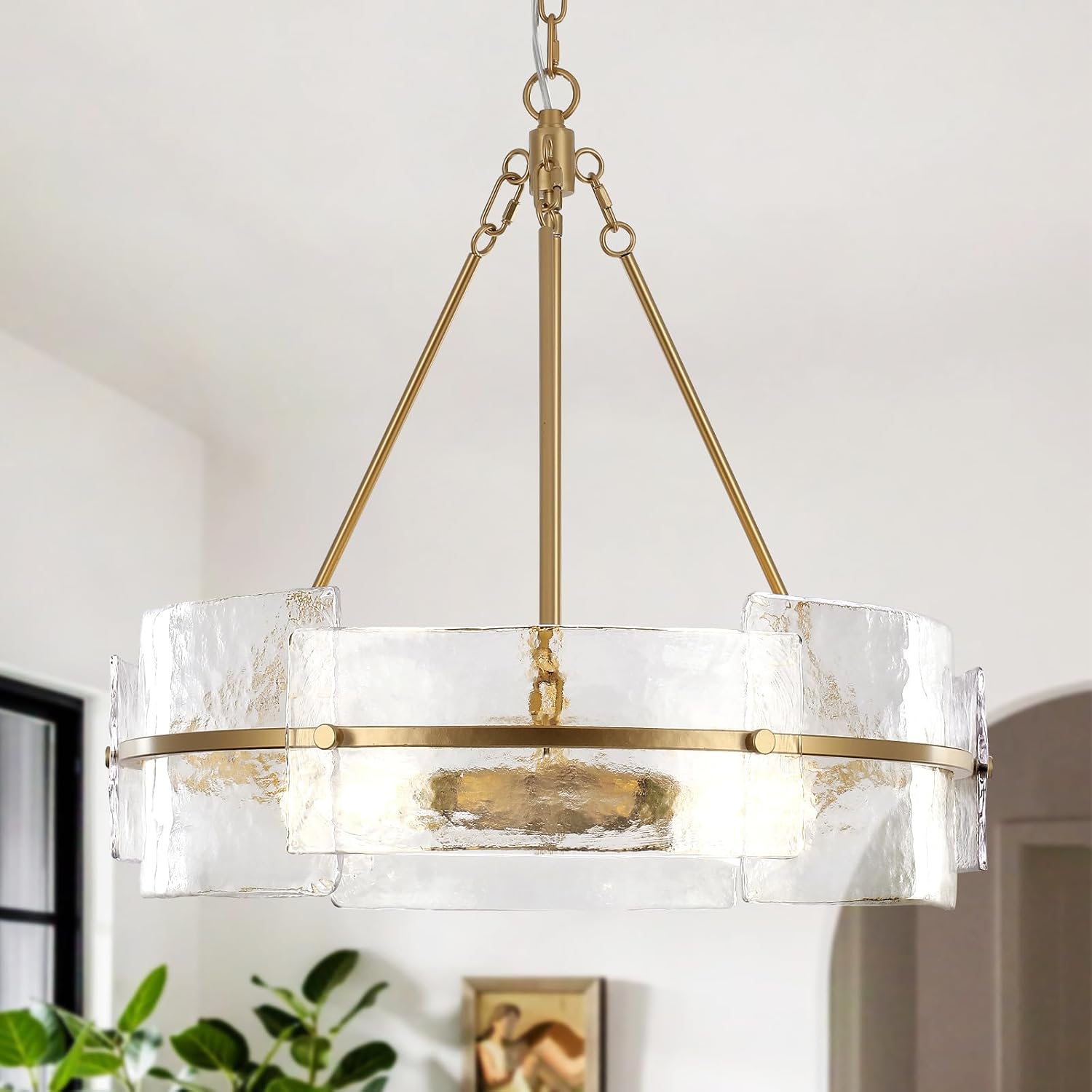 Modern Chandelier for Dining Room, 22″ Gold Glass Chandelier, Large Farmhouse Round Chandelier for Dining Room, Foyer, Bedroom, Hallway, Entryway