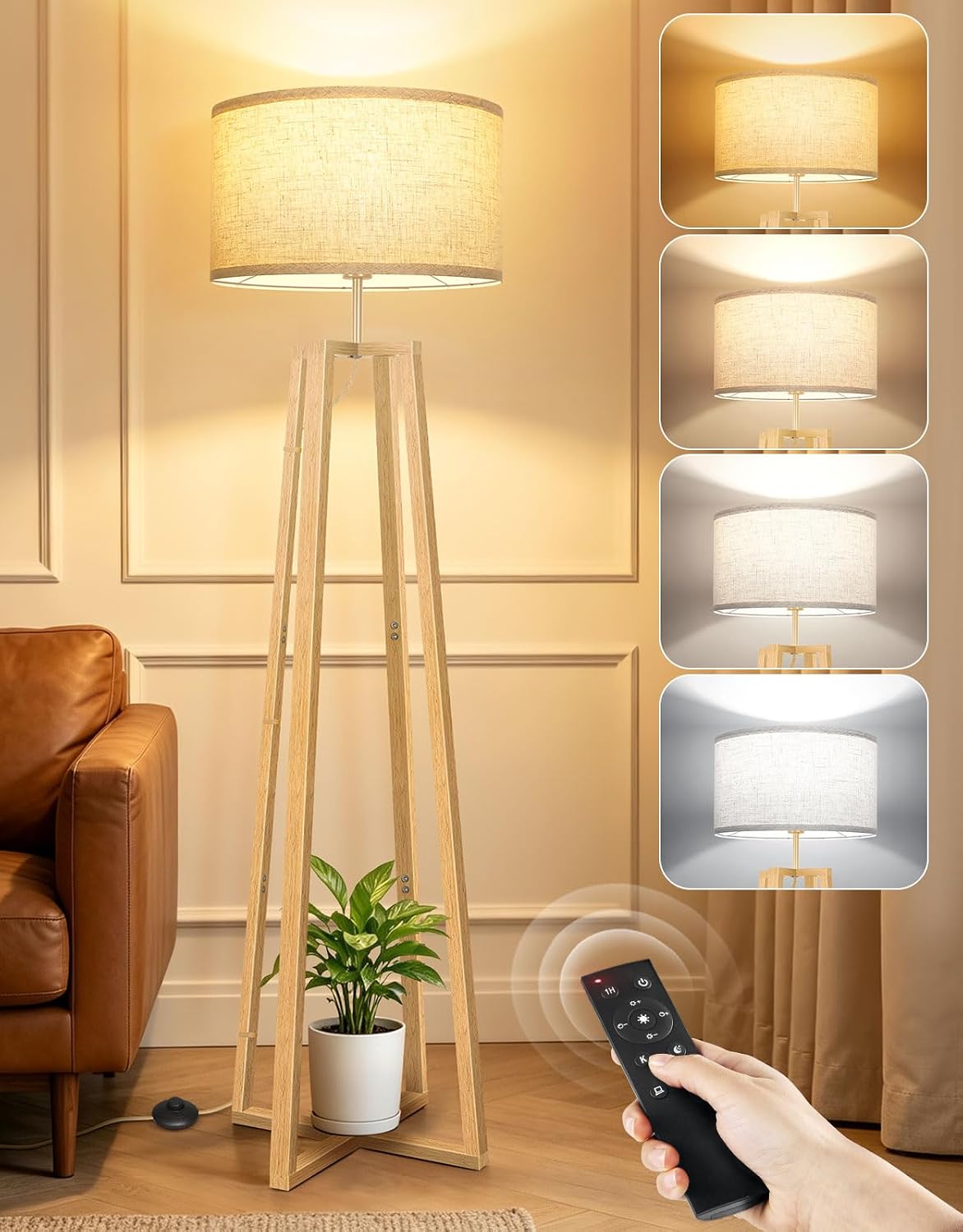 OUTON 62″ Mid Century Modern Vintage Lamps with Remote Control, Dimmable Wood Floor Lamp, 4 Color Temperature, LED Modern Standing Lamp for Living Room, Bedroom, Office, Natural Wood
