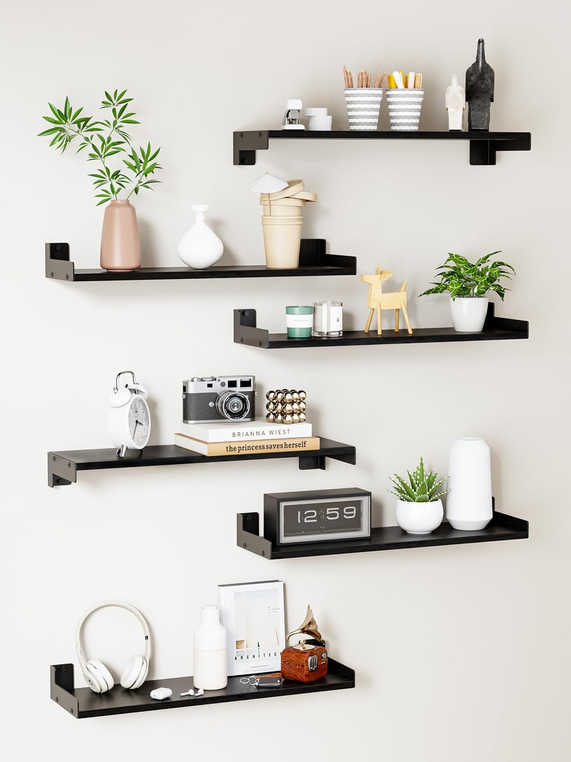 Floating Shelves for Wall, Shelves for Decor Storage Set of 6, Wall Mounted Wood Shelf for Bedroom, Living Room, Bathroom, Kitchen,Long Picture Ledge Shelves.(Black)