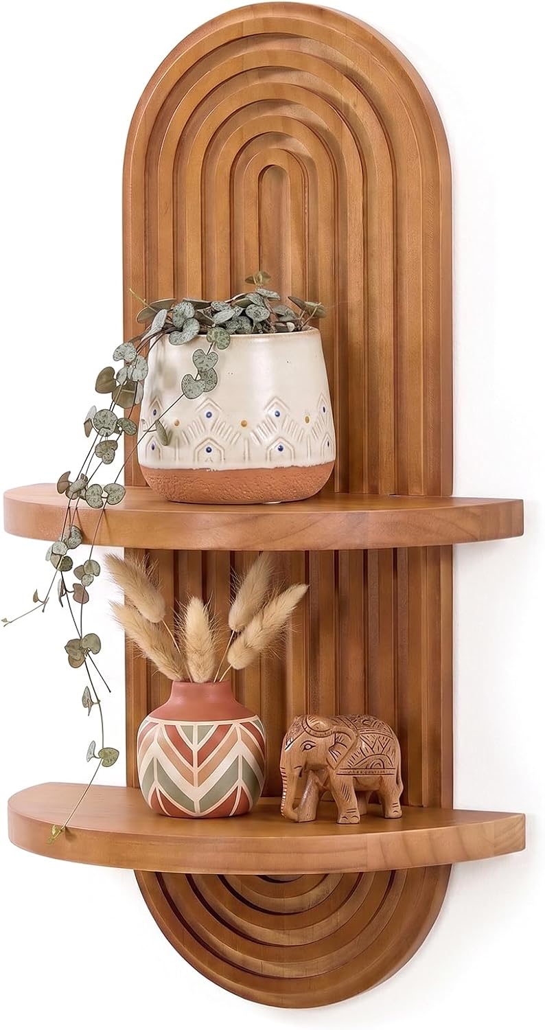 Boho Wall Decor Shelf, Mid Century Modern Plant Floating Shelves Oak | 22×11.8″ Wooden Arched Floating Shelf, For Plants, Books, Home Art Decor Display In Living Room, Bathroom, Bedroom, Office
