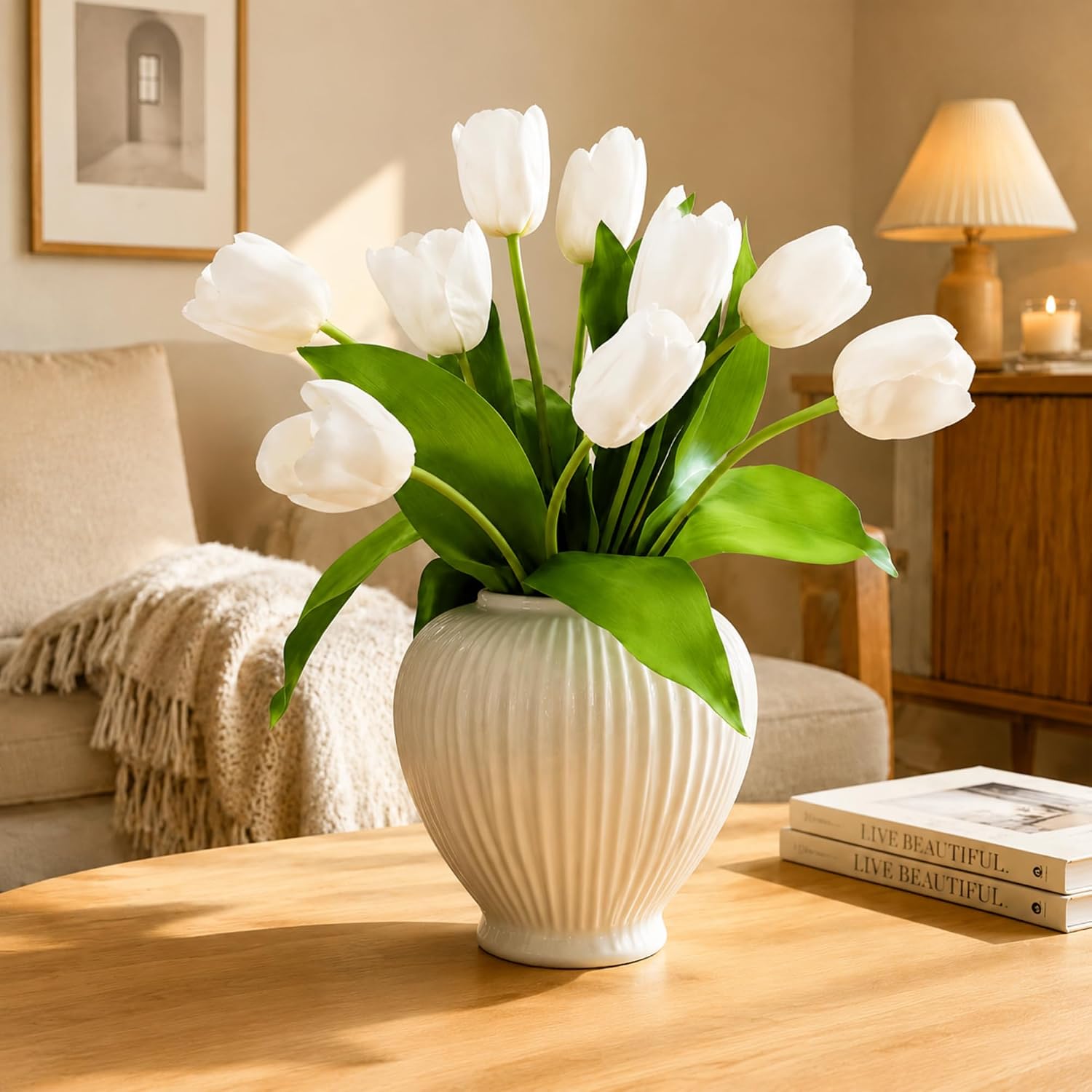 10 Stems 14 Inch Tulips Artificial Flowers Realistic Faux Flowers | White Tulips Wedding Home Decor Party Centerpieces Bridal Shower Gift