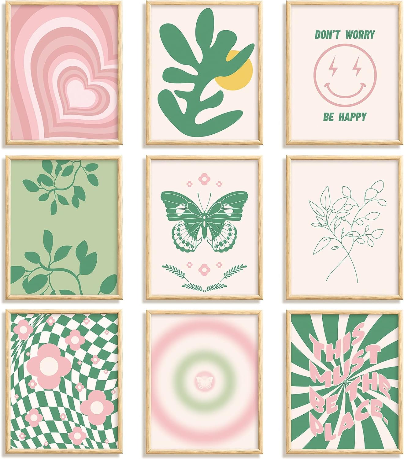 Fainne 9 Pcs Aesthetic Danish Pastel Room Decor Pink and Green Wall Decor Abstract Home Wall Art Posters Decorations for Living Room Bedroom, 8 x 10 Inches Unframed