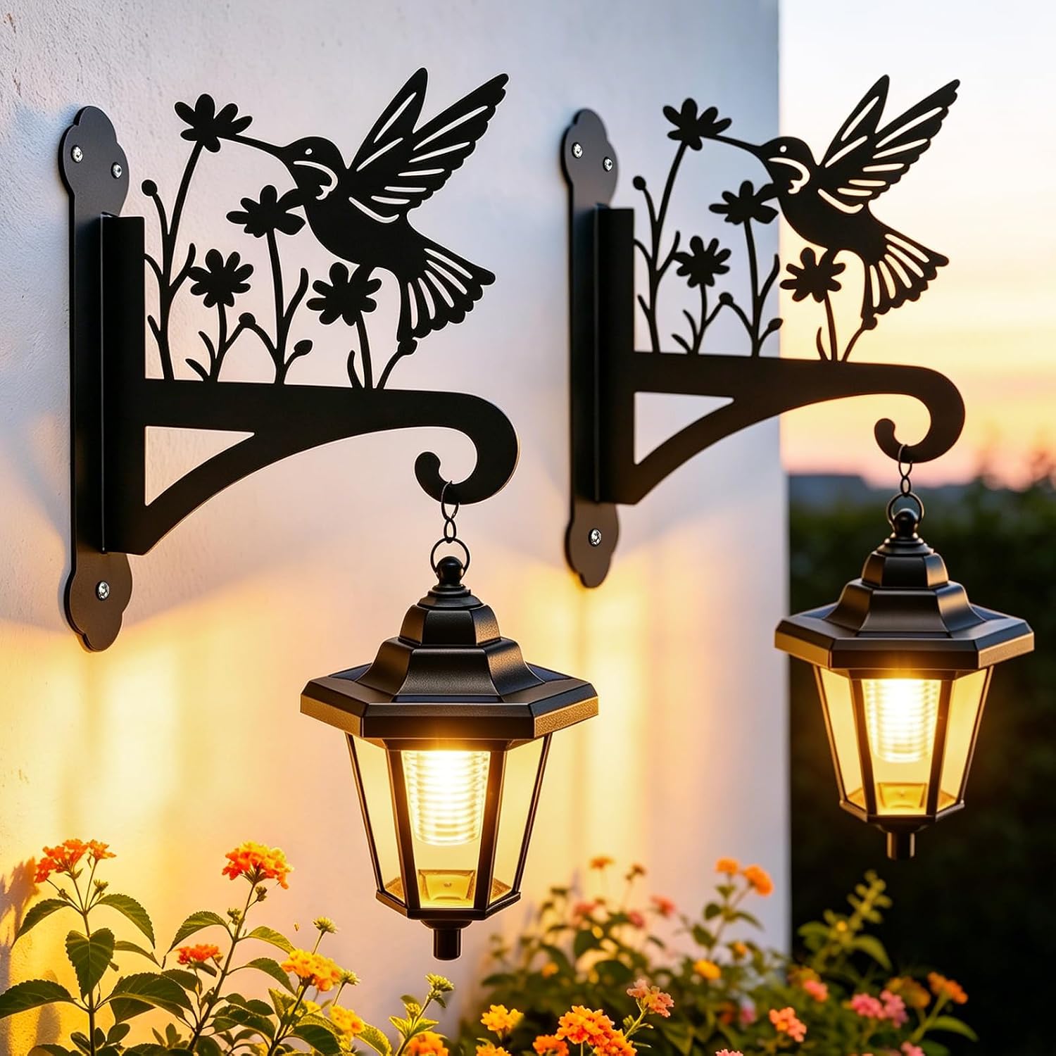 VOOKRY Solar Wall Lanterns Outdoor, Waterproof 2 Pack Hanging Lights with Hummingbird Hooks, Wall Mount Sconce with 3 Solar Panels for Patio Porch Yard Garden Decor, Dusk to Dawn 2700K Warm White