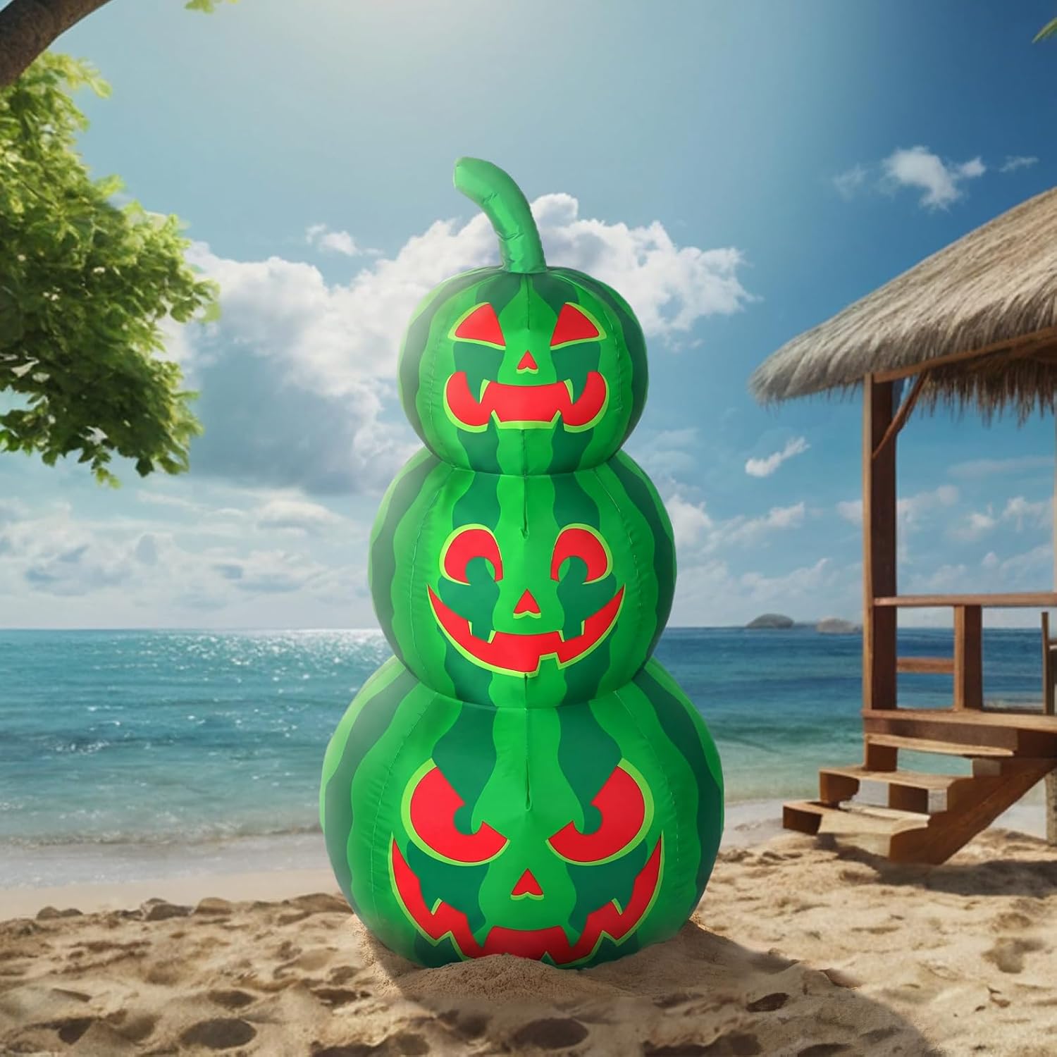 3.5 FT Summer Halloween Inflatables Watermelon Outdoor Decorations Blow Up Yard 3 Scary Jack O Melon Face Watermelon with Built-in LEDs for Lawn Garden Summer Halloween Horror Party Decor