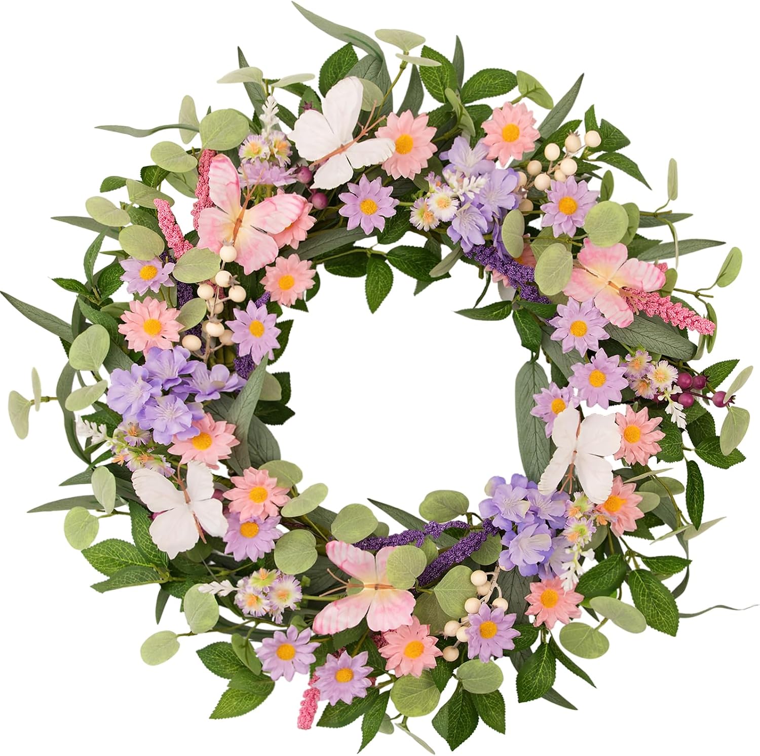 22 Inch Spring Summer Floral Wreath, Pink Purple Daisy Wreath with Butterflies and Eucalyptus Leaves, Front Door Farmhouse Decor for Indoor Outdoor All Seasons