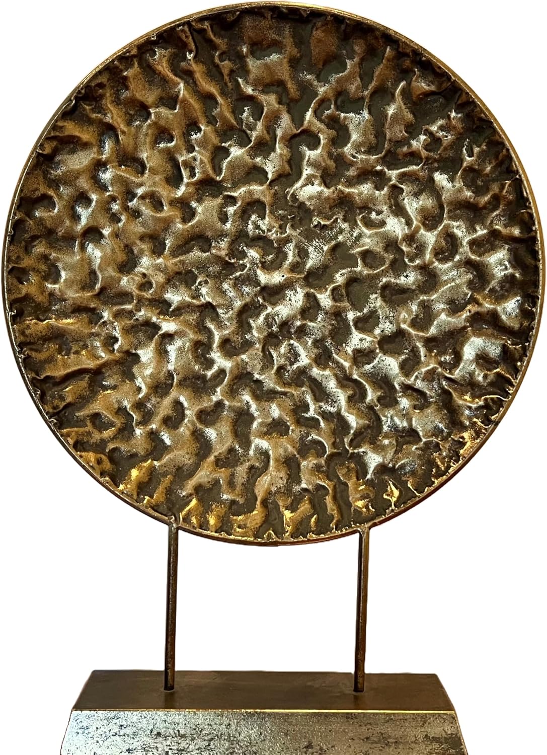 WHW Whole House Worlds Modernist Table Top Sculpture, Abstract Round, Textured Disc, Gold, Dark Patina, Post Mounted, Gallery Base, 23.5 Inches