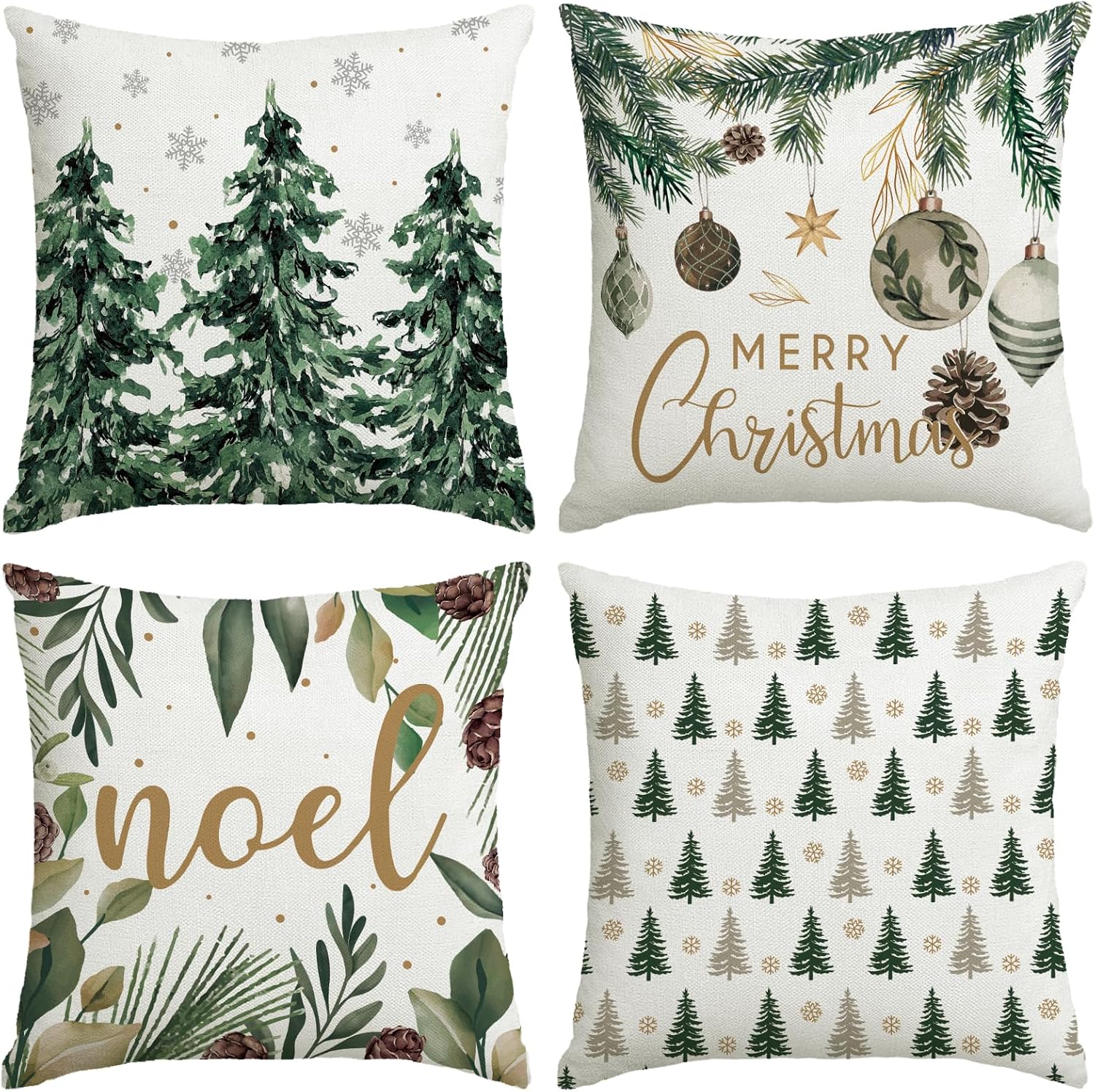 Christmas Pillow Covers 18×18 Inch Green Set of 4 Xmas Throw Tree Pillow Covers, Merry Christmas Winter Holiday Linen Decorations for Home Sofa Couch Bed Chair