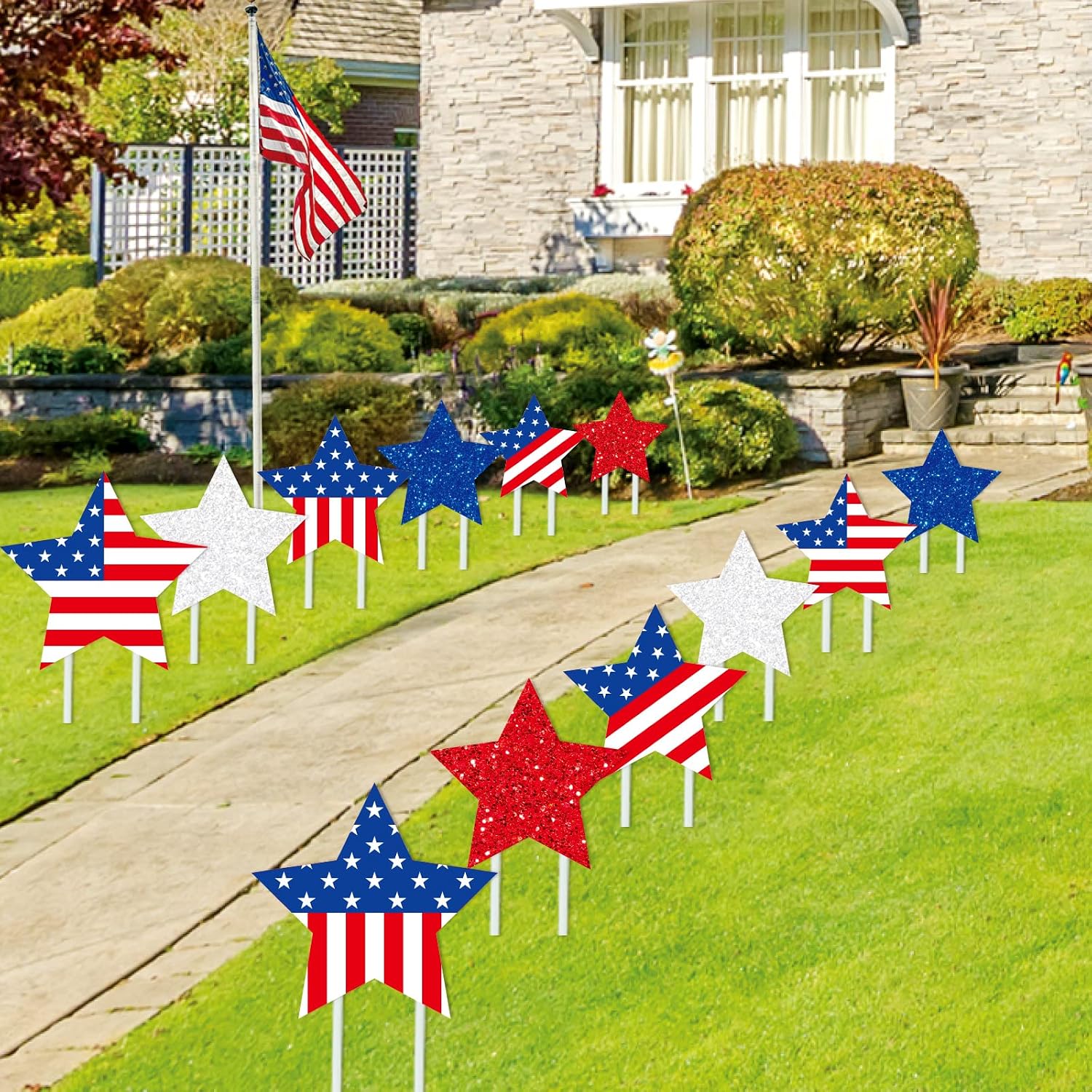 Whaline 12 Pcs 4th of July Star Yard Signs with 24 Pcs Stakes, Patriotic | Red Blue White Star Stripe, American Flag, Yard Decorations, for 250th Anniversary Independence Day Garden Lawn Outdoor