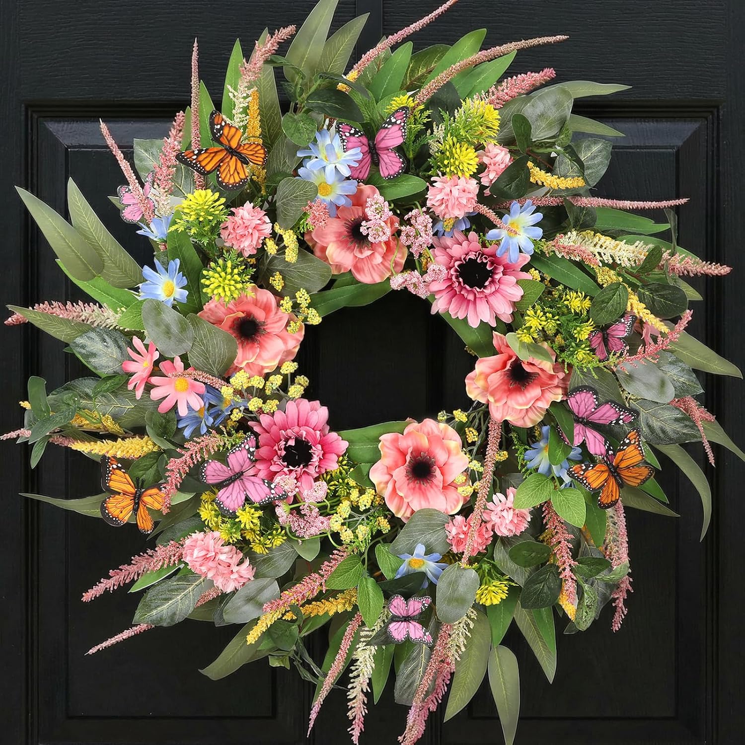 Wreaths for Front Door 26 Inch Spring Summer Wreath with Eucalyptus Leaves Pink Blooms Butterfly,for Year-Round Use Indoors and Outdoors as Wall, Door, Window, Party and Wedding Decorations