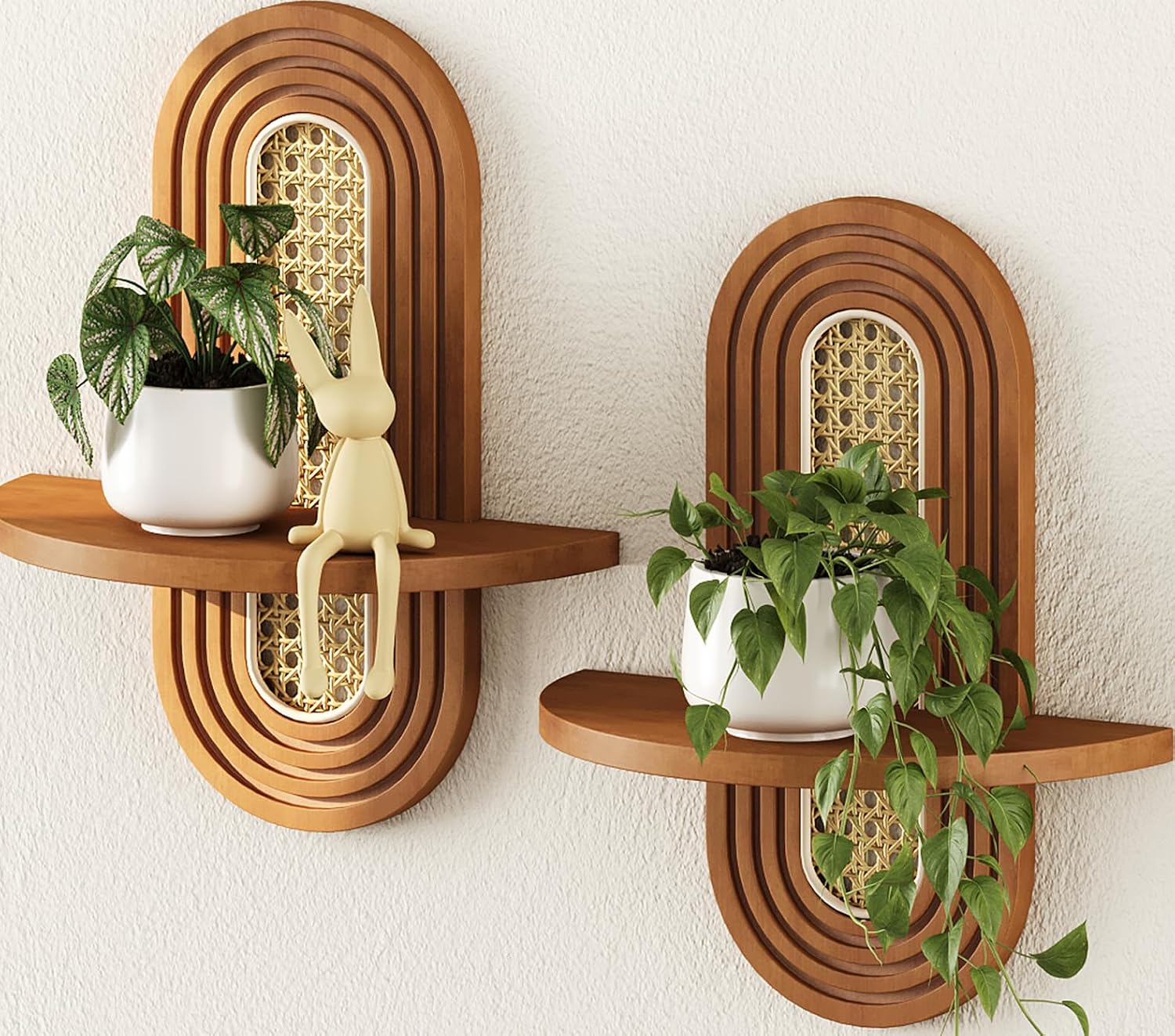 Floating Shelves for Wall, Boho Home Wall Decor,Rattan Plant Shelf Set of 2, Mid Century Small Decorative Shelf, Natural Wood Shelves for Living Room,Bedroom,House,Office (Walnut)