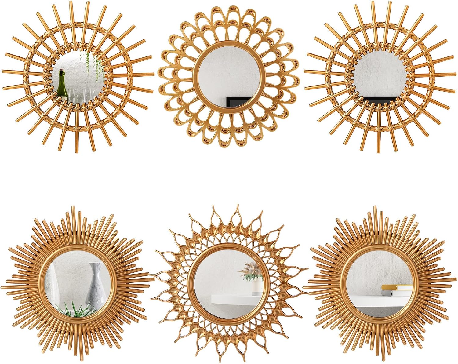 Namalu 6 Pcs Sunburst Mirror for Wall Decor, Small Circle Sun Decorative Mirror Hanging for Art Entryway Home Decor Bathroom Bedroom Living Room(Classic,Gold)