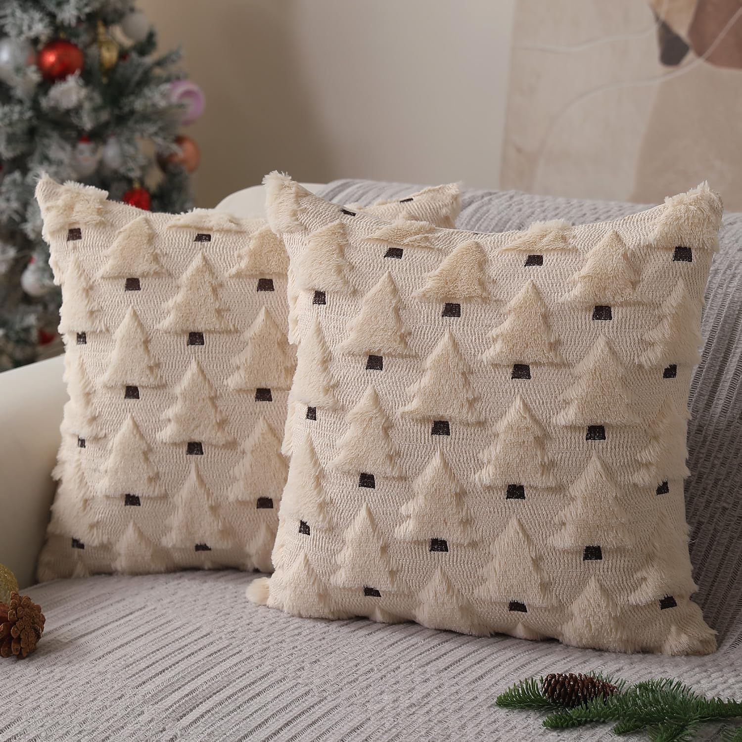 Allorry Christmas Pillow Covers 18×18 inch Set of 2 Xmas Decorations Soft Plush Faux Fur Wool Beige Christmas Tree Throw Pillow Cases Winter Holiday Decor for Sofa Living Room PT-002C18