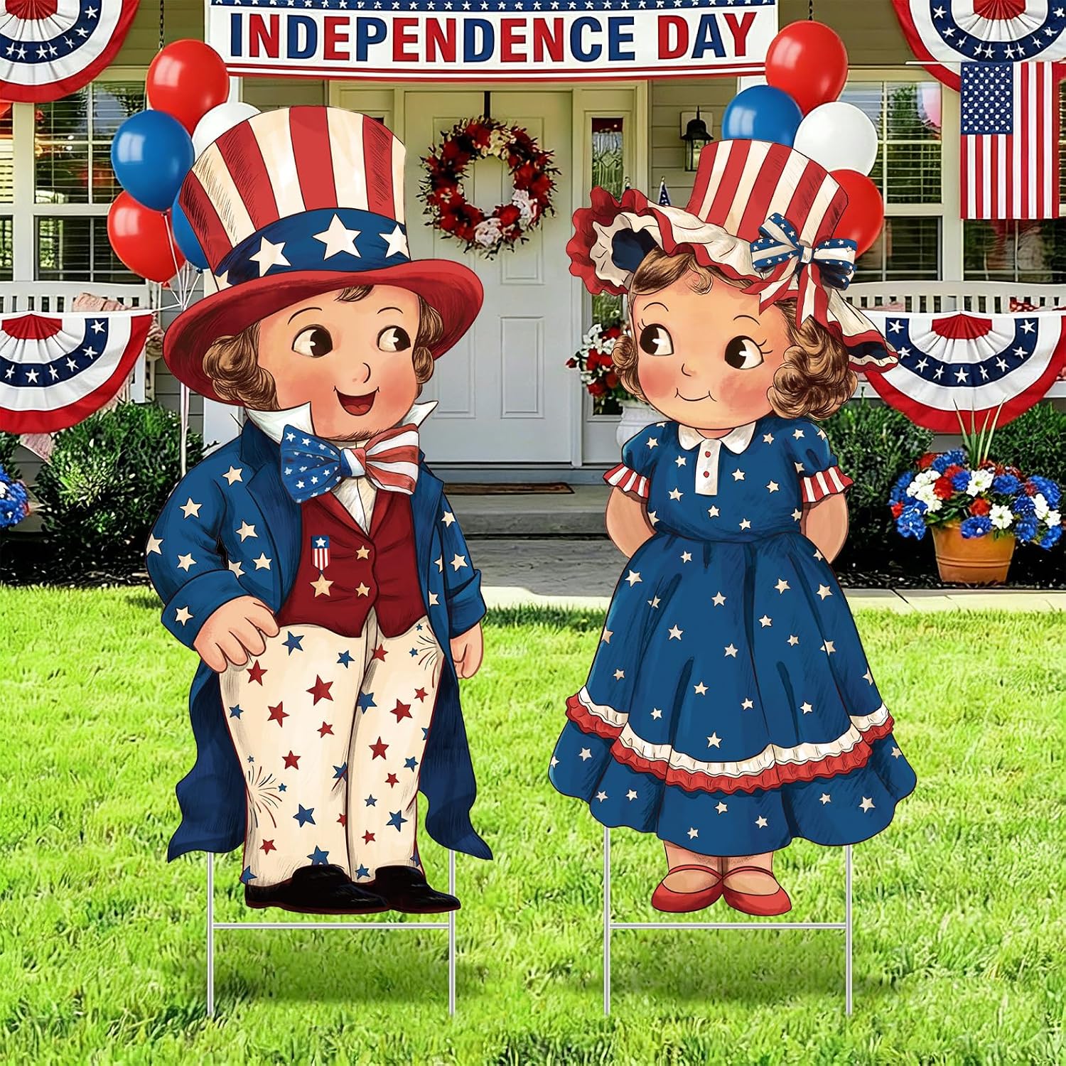 Beeveer 2 Pcs 4th of July Decorations Vintage Patriotic Yard Decor Outdoor 250th Anniversary Memorial Day Yard Sign with Stakes Front Door Hanging Sign for Porch Door Garden Patio Lawn Party Supplies