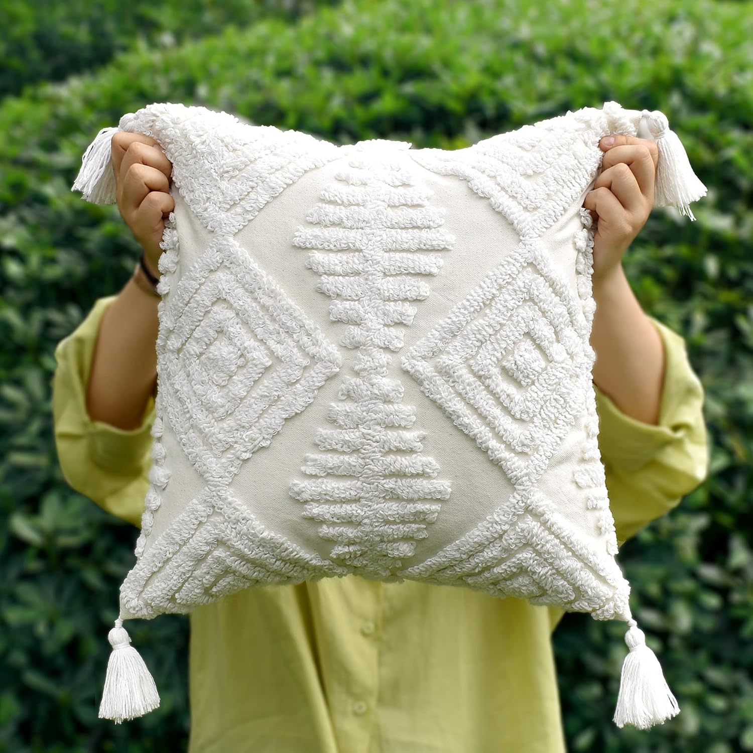 Boho Sofa Throw Pillow Covers – Exquisitely Crafted with Hand-Finished Tuft with Thick Cotton Tassel Details – Soft & Stylish Moroccan Decorative, 18x18inch (Spring Ruched)