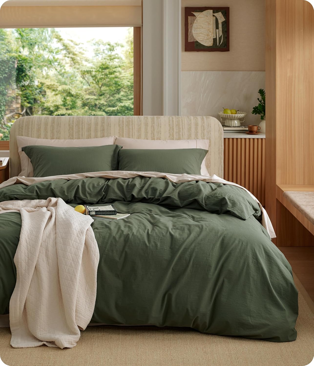 Bedsure PureWoven 100% Washed Cotton Duvet Cover Set, King Size, 3-PC | Linen Like Texture, Percale Breathable Bedding Set for All Seasons, Zipper Closure, 8 Corner Ties, Olive Green, 104″ X 90″