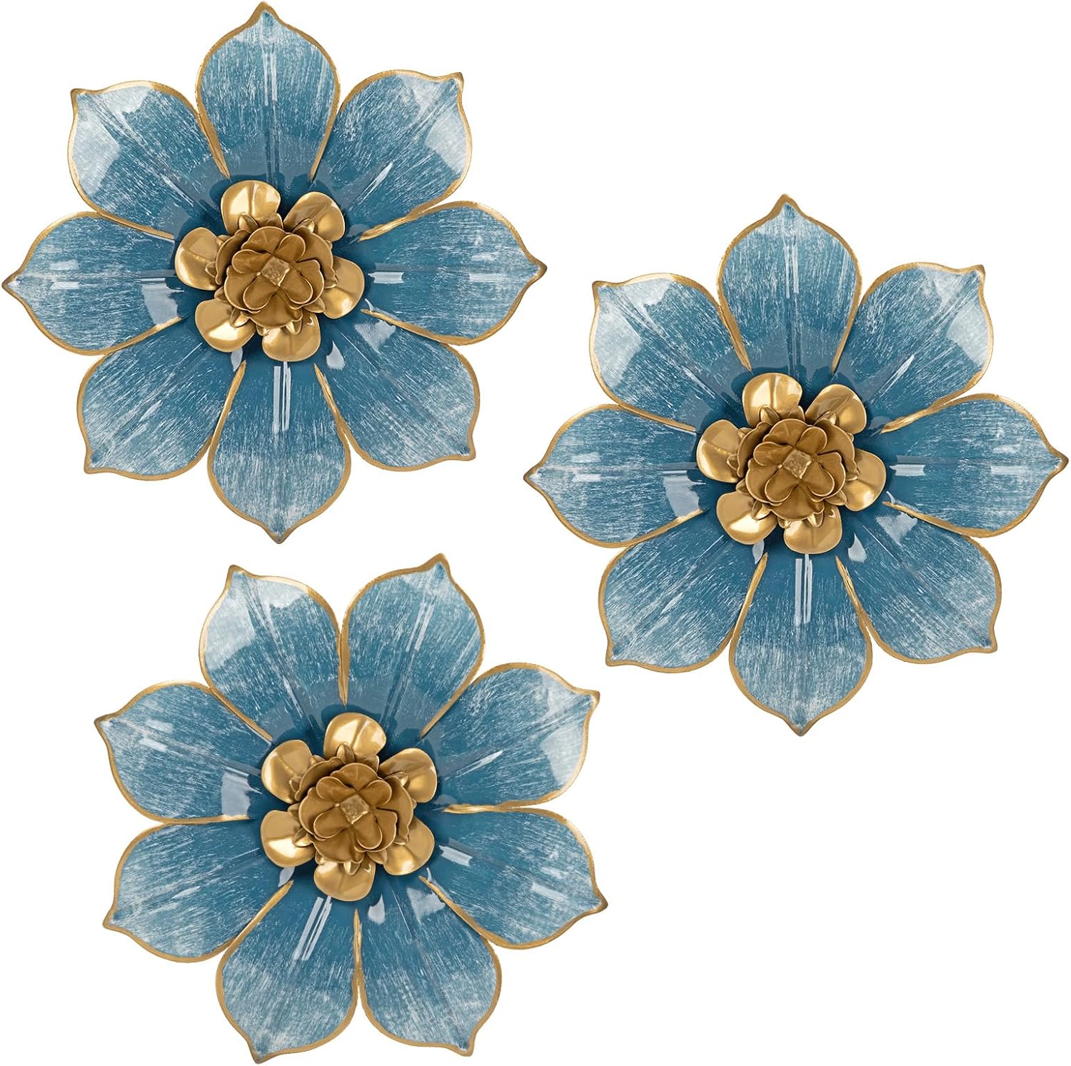 Villa Como Set of 3 Blue and Gold Metal Flowers Wall Art Decor 10″ | Blue Metal 3D Wall Art Floral Wall Hanging Decor for Bathroom, Kitchen, Bedroom, Living Room, Outdoor, Garden, Patio, Porch