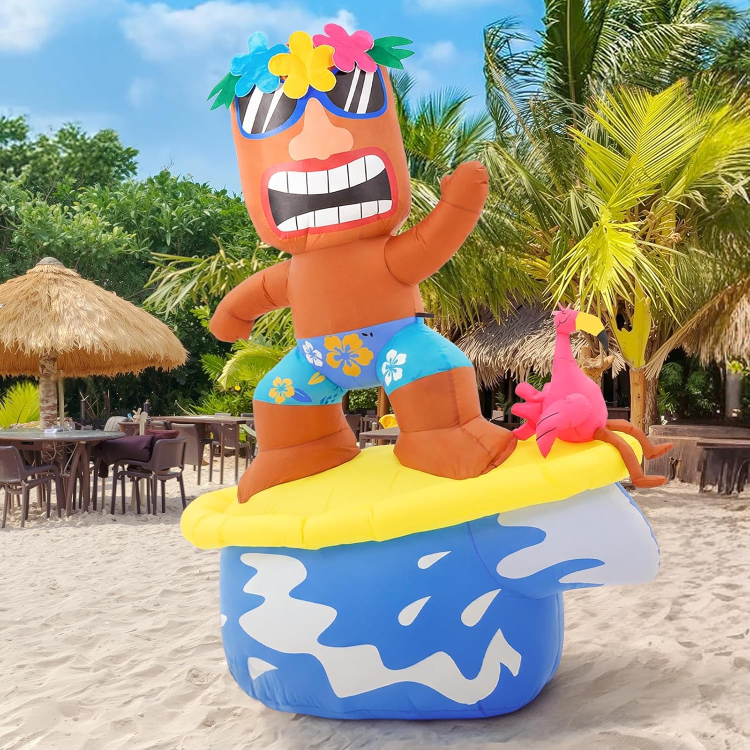5FT Inflatable Tiki Flamingo Luau Party Decorations with Surfboard for Pool | Summer Inflatables with LED Lights, Hawaiian Luau Party Inflatable Decorations, Outdoor Yard Lawn Garden Beach Summer Decor