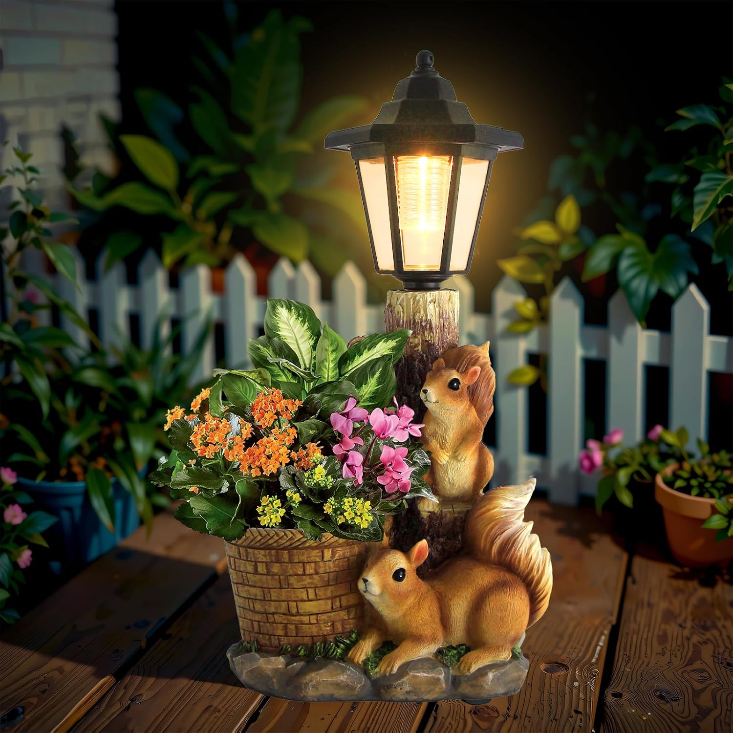 Solar Squirrels Outdoor Statues, Garden Sculpture with Flowerpot & Lantern | Cute Squirrel Figurine for Yard Art Lawn Ornaments Porch Patio Balcony – Birthday Gifts for Women Mom