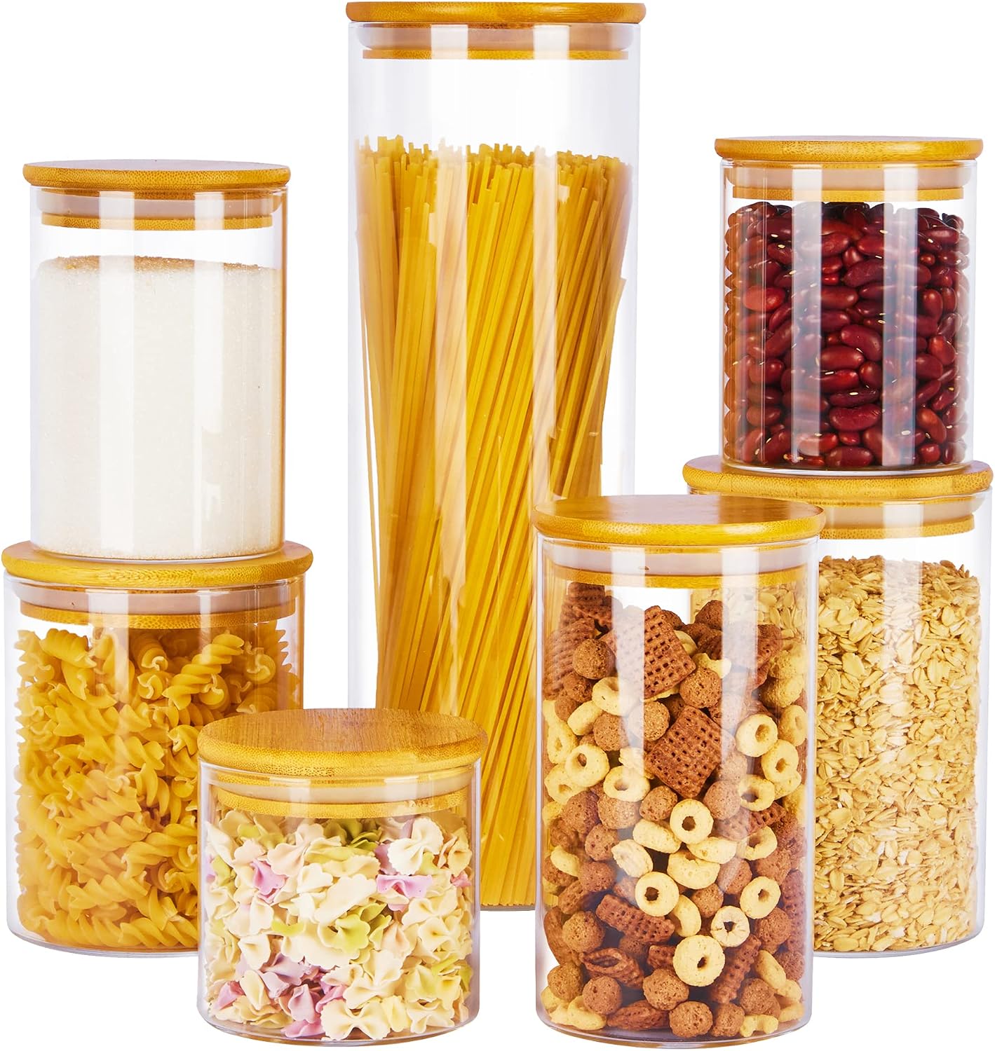 Vtopmart Glass Food Storage Jars, 7 Pack Kitchen Containers with Airtight Bamboo Wooden Lids for Pasta, Cookies, Nuts, Coffee Beans, Cereal, Canisters Set for Flour, Pantry Organization, BPA Free | 7-Pack Multi-Size Canisters Set for Pasta, Cookies, Nuts, Coffee Beans, Cereal, Flour, Pantry Organization, BPA Free