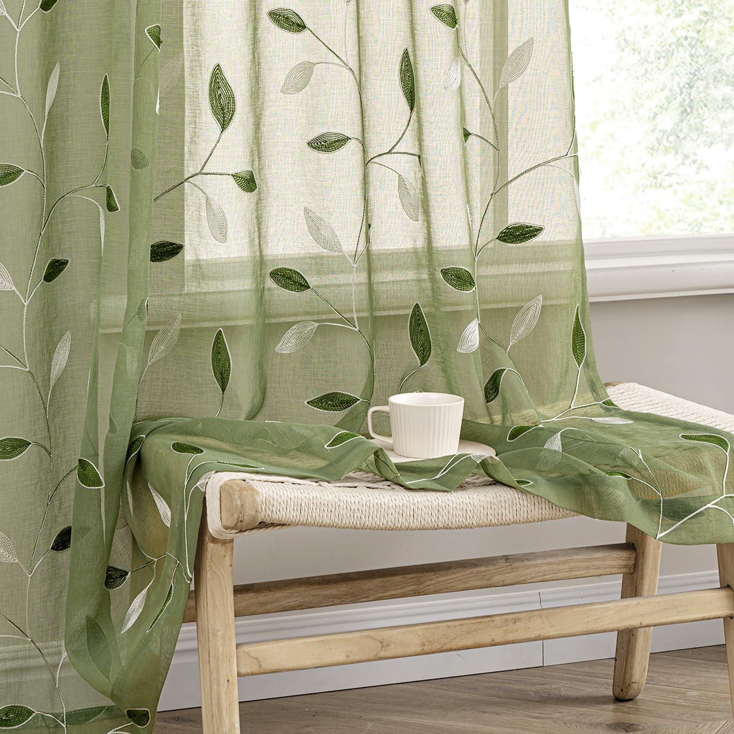 MIULEE Sage Green Sheer Curtains 2 Panels Leaf Patterned, W52 x L84 | Embroidered Floral Semi Sheer,Rod Pocket,Faux Linen,Short Window Curtains Drapes Set for Kitchen/Bathroom/Cafe