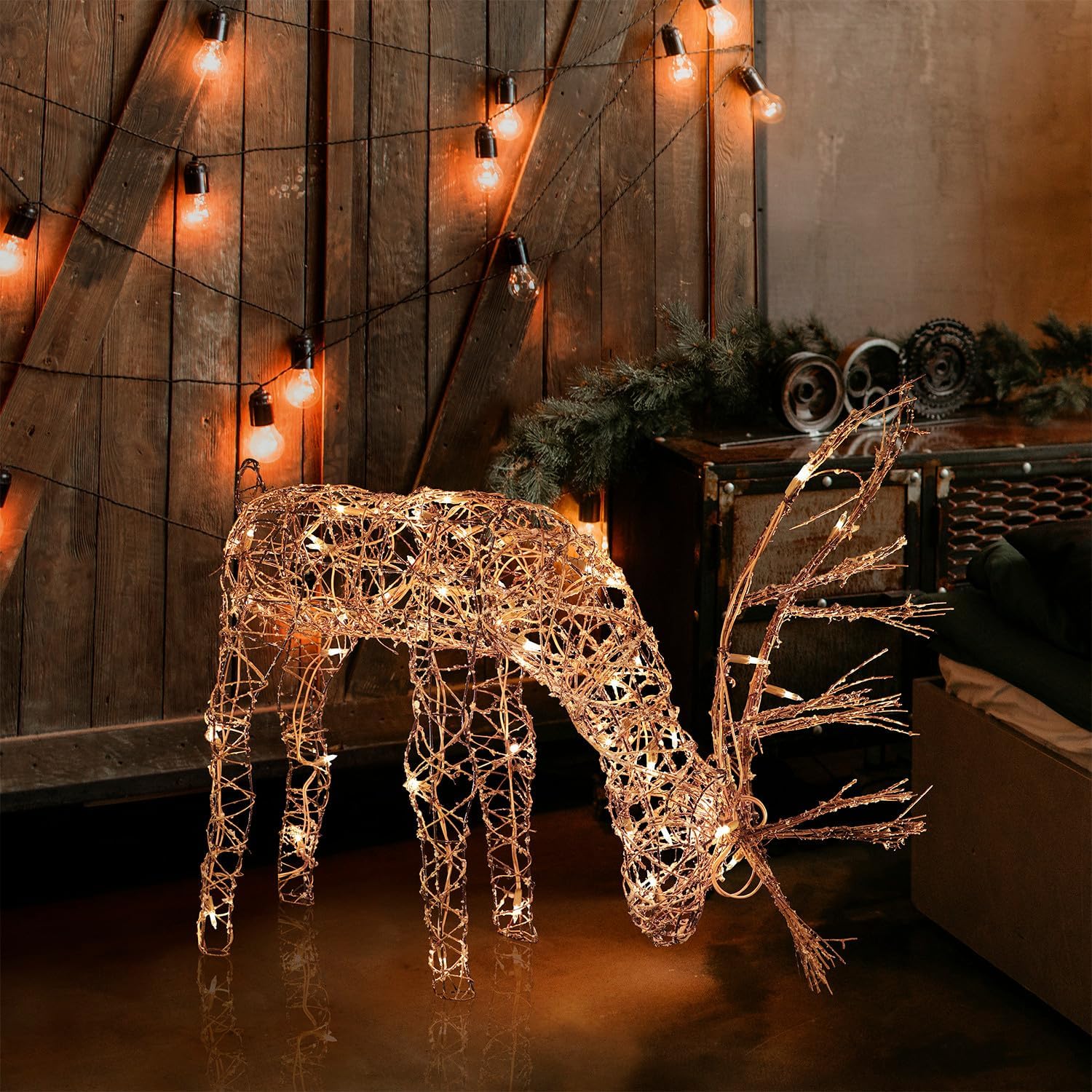 Alpine Corporation 24″ Tall Outdoor Rattan Grazing Reindeer Lawn Decoration with White LED Lights, Indoor/Outdoor Christmas Holiday Yard Decor Garden Display