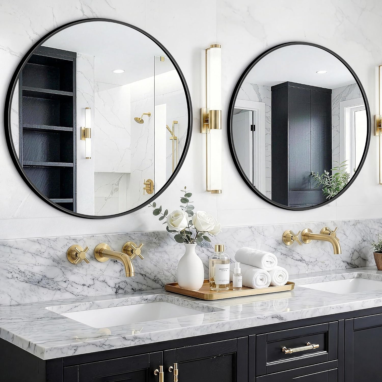 FGU Round Bathroom Mirror for Over Sink 2 Pack 26″ Black Circle Wall Mirror | Wall Mounted, HD Tempered Shatter-proof Glass, Rust-proof Metal Frame, Round Mirror for Entryway, Bedroom, Living Room