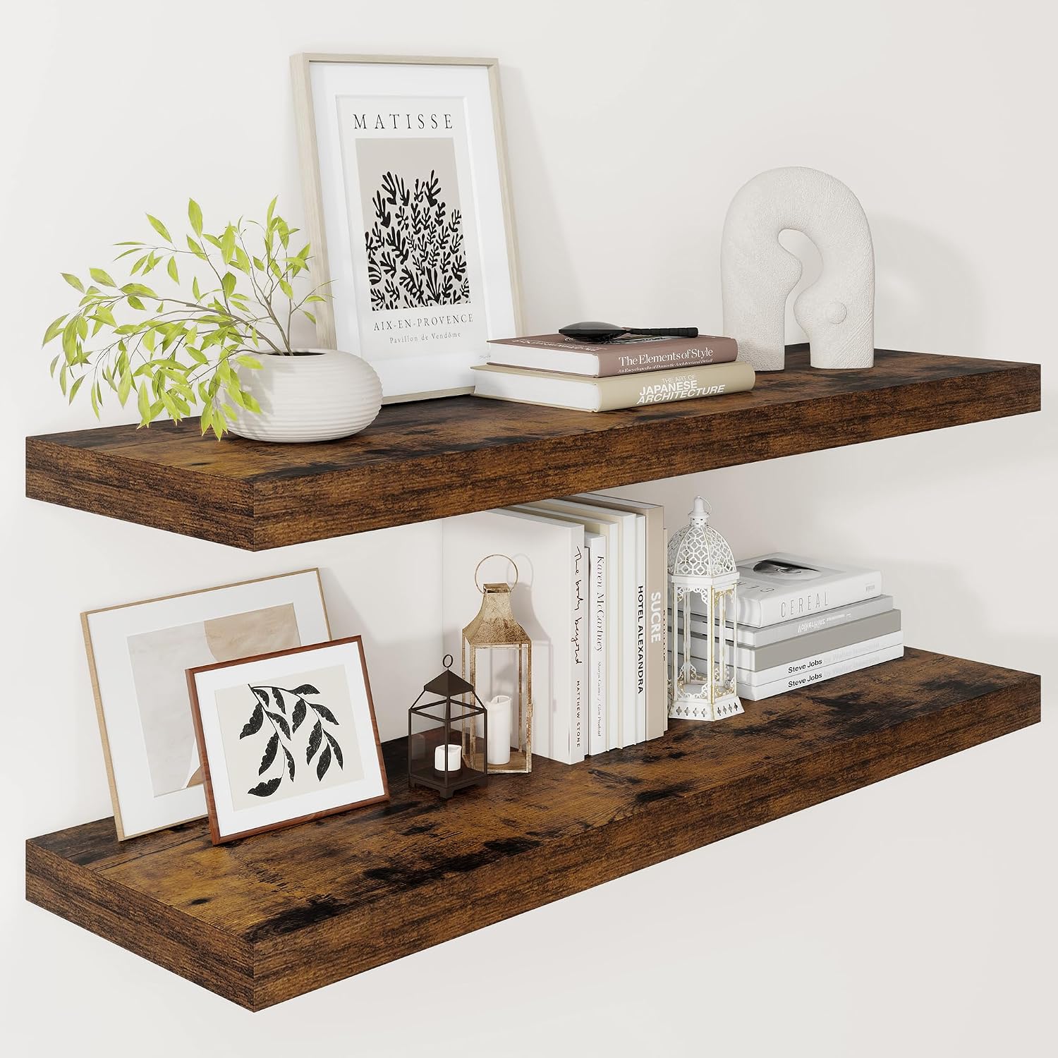 Vivelove Deep Floating Shelves 36×12” Set of 2, Rustic Brown | Easy Install With Hardware, 2″ Thick, Invisible Brackets, Wall Mounted, No Sagging, For Any Room
