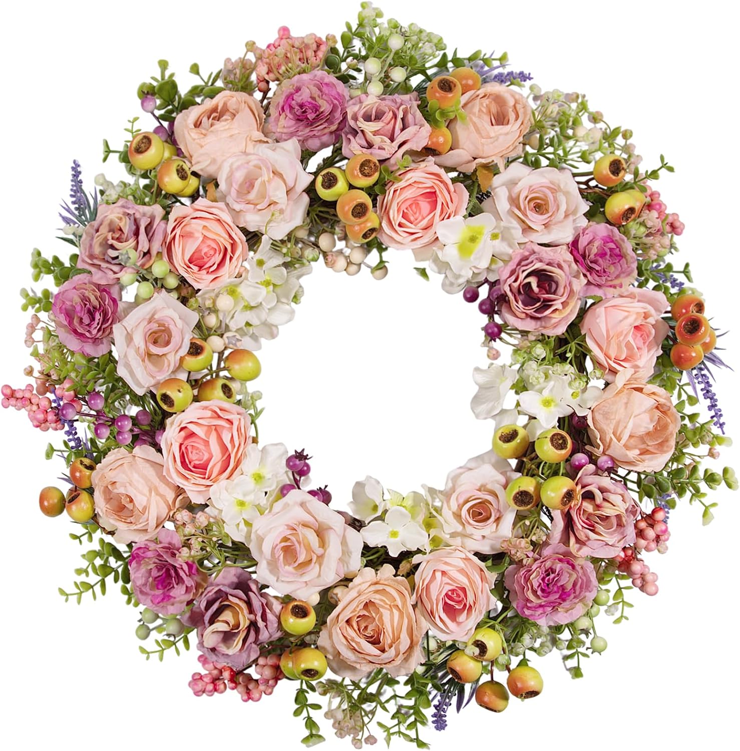 22 Inch Spring Summer Wreaths for Front Door, Vintage Pink Rose Floral Wreath with Pomegranate, Berries and Hydrangea, Lush Artificial Flowers Wreath for Home Decor, Easter