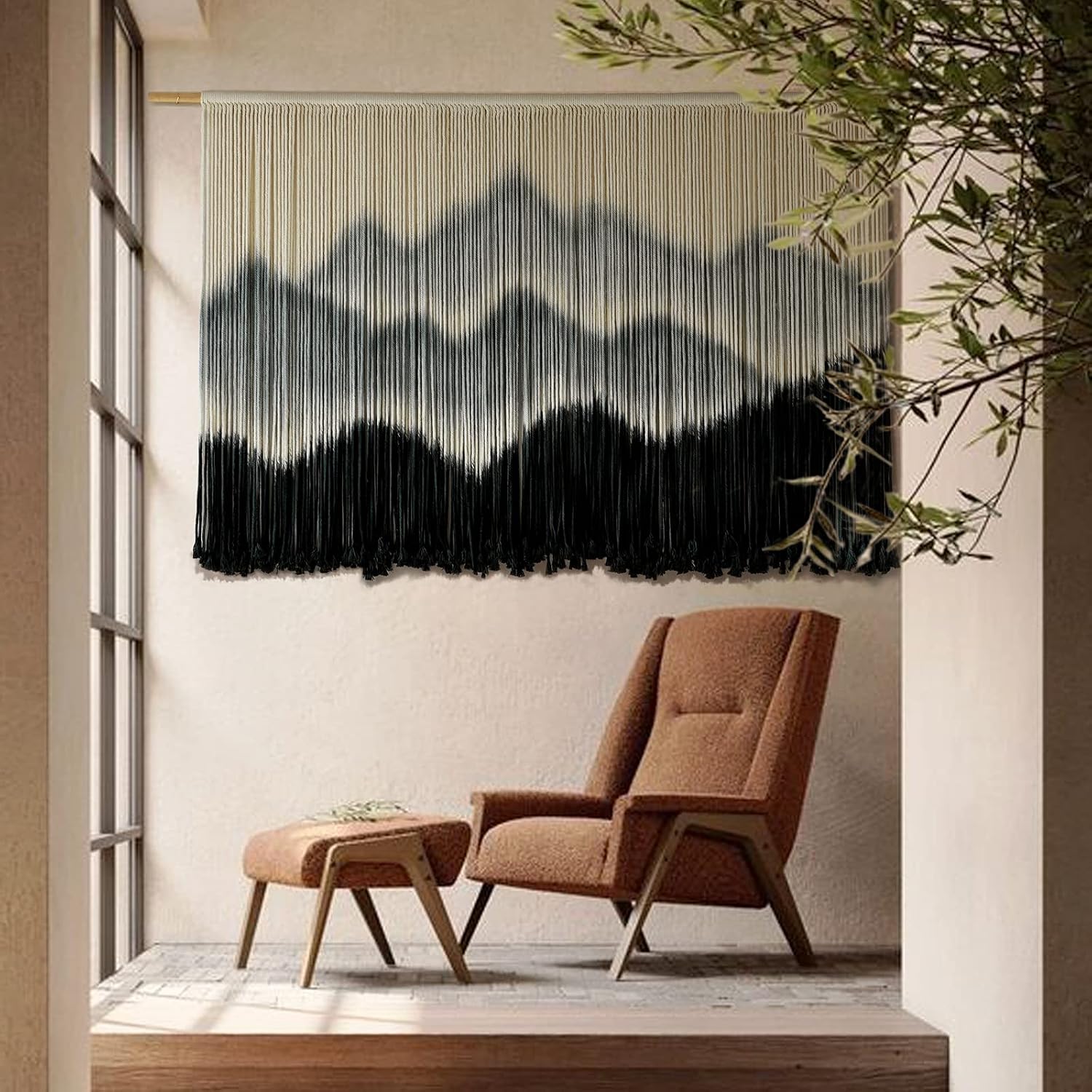 IOWER Macrame Wall Hanging Mountain Dip-Dyed Macrame Wall Decor Large Modern Fiber Art Boho Wall Decor 57″ Wx35 L