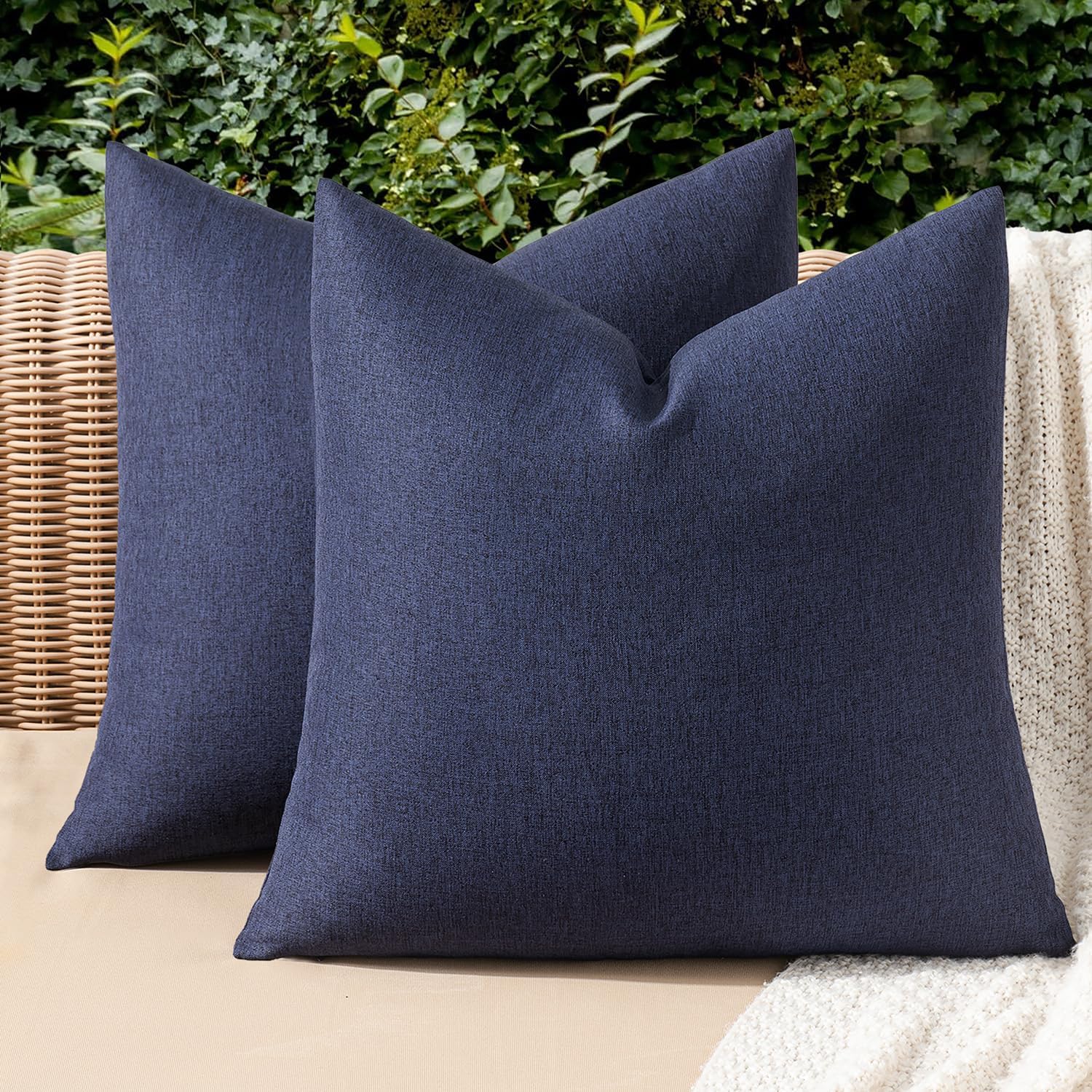 MIULEE Pack of 2 Decorative Outdoor Solid Waterproof Throw Pillow Covers Faux Linen Garden Farmhouse Cushion Cases for Summer Patio Tent Balcony Couch Sofa 20×20 Inch Navy